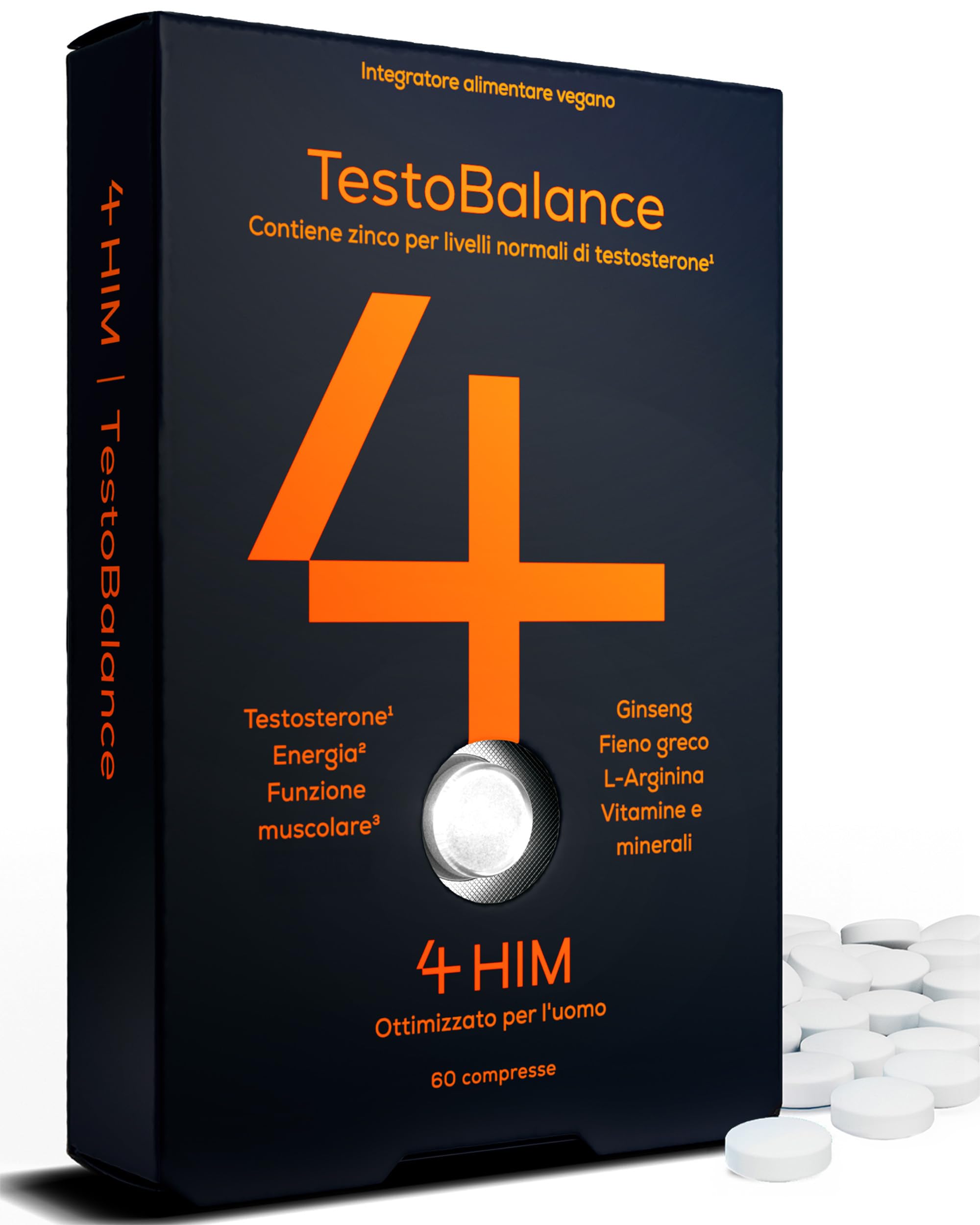 4 HIM TestoBalance Integratore Testosterone Uomo – ZMA, Ginseng & Fieno Greco – Zinco per Livelli di Testosterone – Magnesio, B6, L-Arginina & Selenio – 60 Compresse Vegane – Certificato GMP