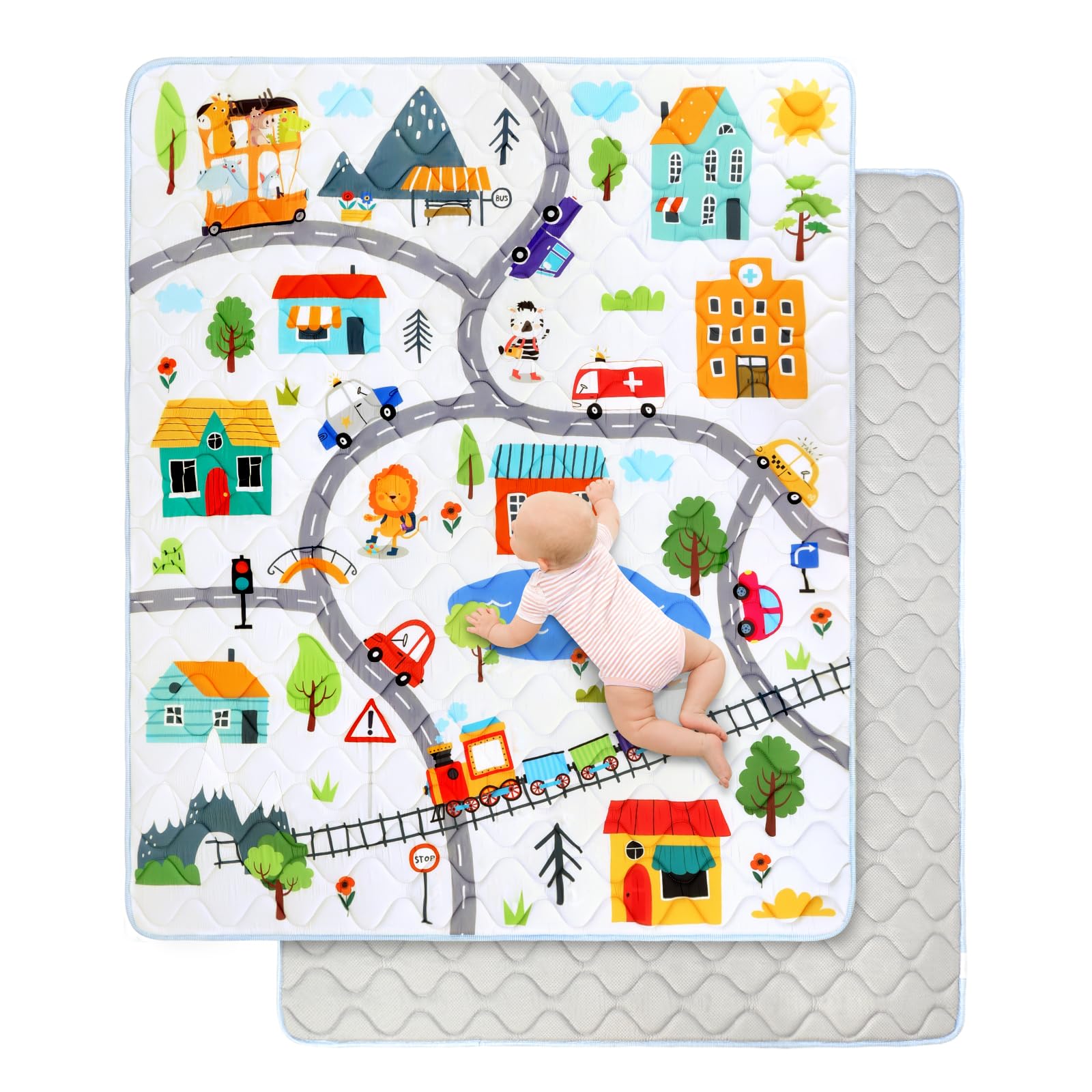 Extra Large Play Mat for Floor 150x180 cm,Thick Playmats,Soft Non-Slip Mat for Crawling & Playing,Machine Washable Portable Playpen Mat Pad for Tummy Time,Animal City Road