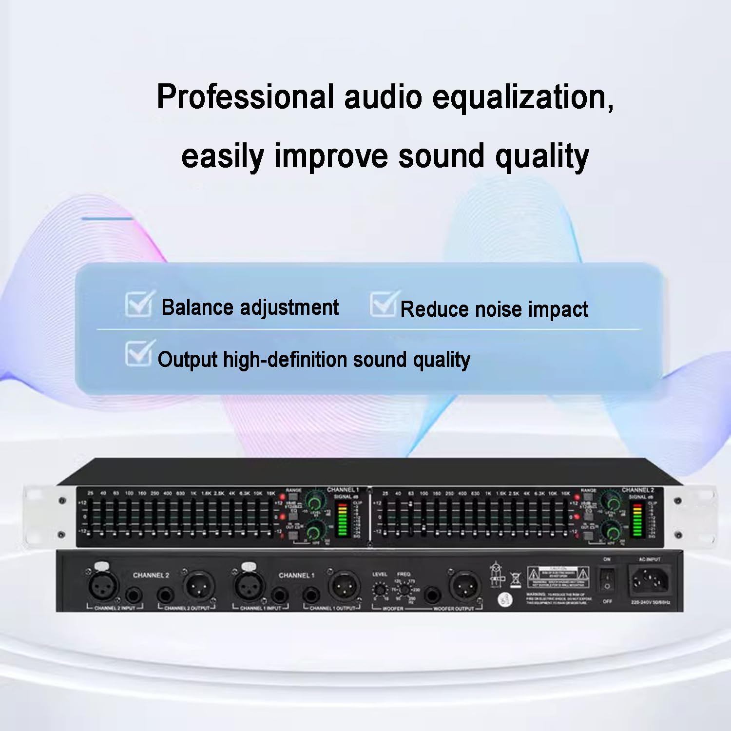 Hifi Home EQ Tuning Equalizer, Graphic Equalizer, Dual Channel 15-Band Stereo Equalizer, with Low/Middle/Treble Independent Adjustment, Noise Reduction, for Home/DJ Performance/Club/Studio