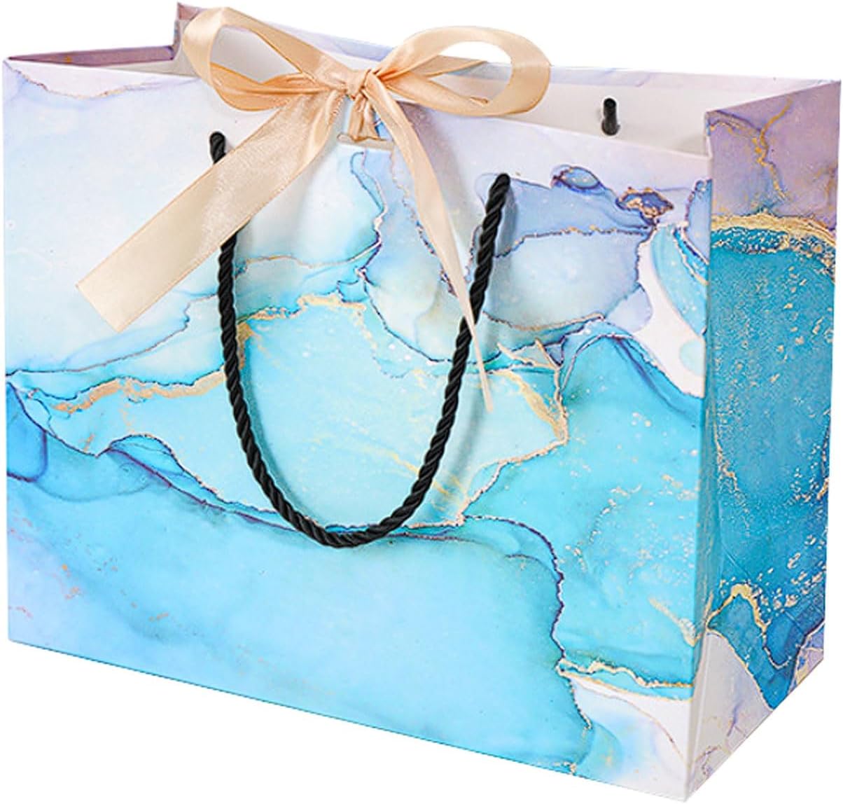 Hja Boutiques US 20 Pcs Blue Marble Pattern Bags with Tie Closure Clothing Store and Cosmetic Paper Bags, Handled Tote for Retail Packaging Gift Wrapping Supplies(Gold,M)