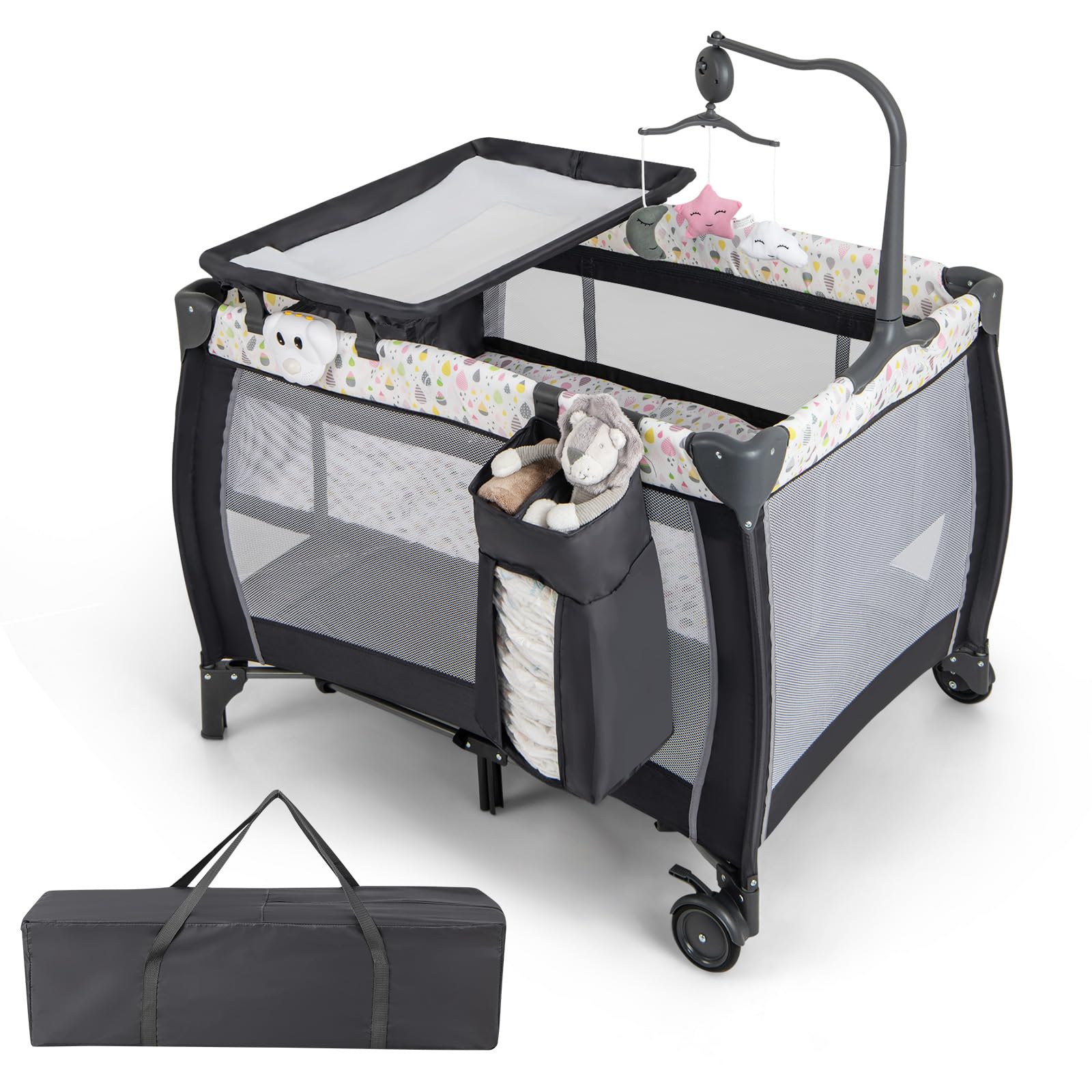 DREAMADE 3 en 1 Lit Parapluie Bébé 125x65x76CM avec Matelas Lit de Voyage Tout-Petites 0-3 Ans avec Porte-Couche&Roue Verrouillable&Table à Langer&Boîte à Musique,Charge 15KG (Gris+Goutte d'eau)