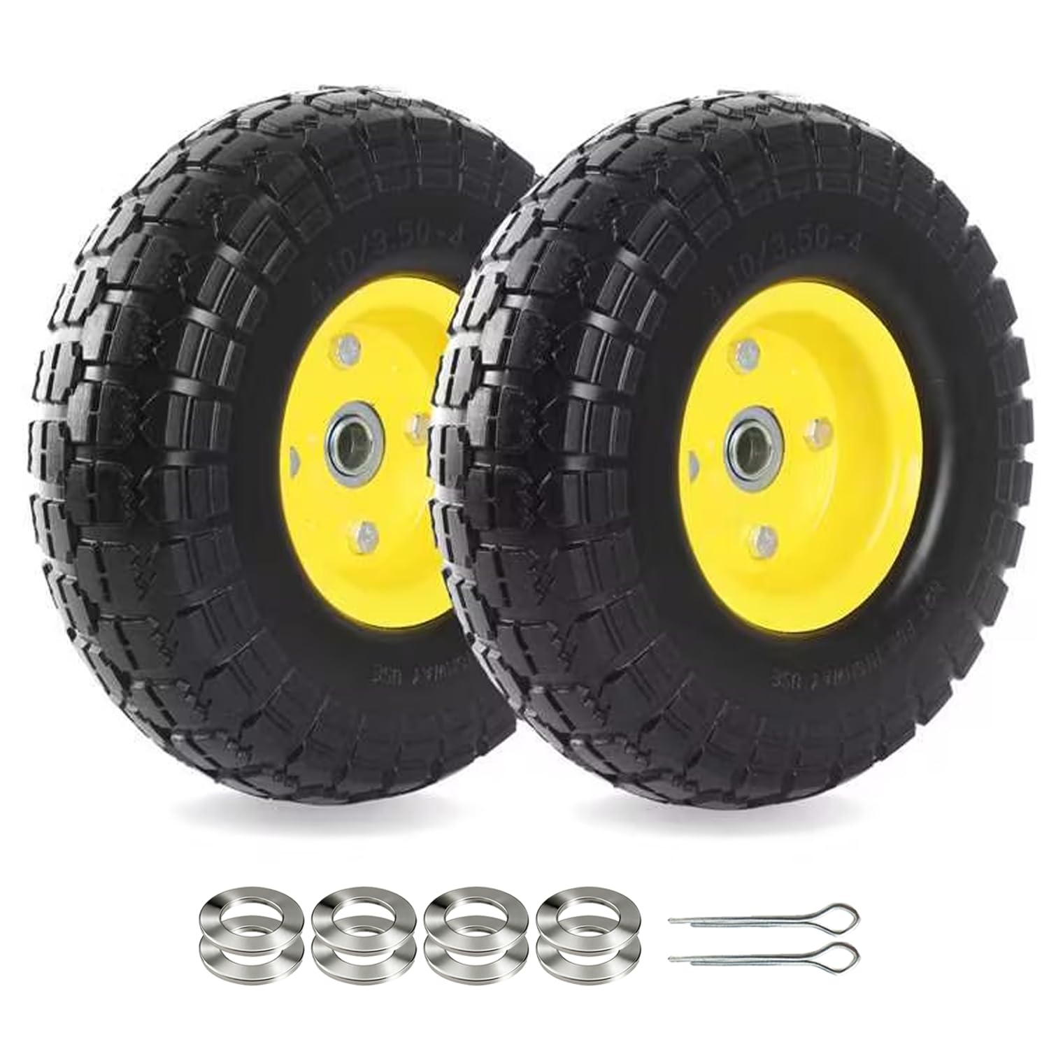Photo 1 of (2-Pack) 10-Inch Solid Tire Wheels - Replacement 4.10/3.50-4" Flat Free Tires and Wheels with 5/8" Axle Bore Hole Bearings, 2.17" Offset Hub -Perfect for Hand Truck, Wheelbarrow, Gorilla Carts