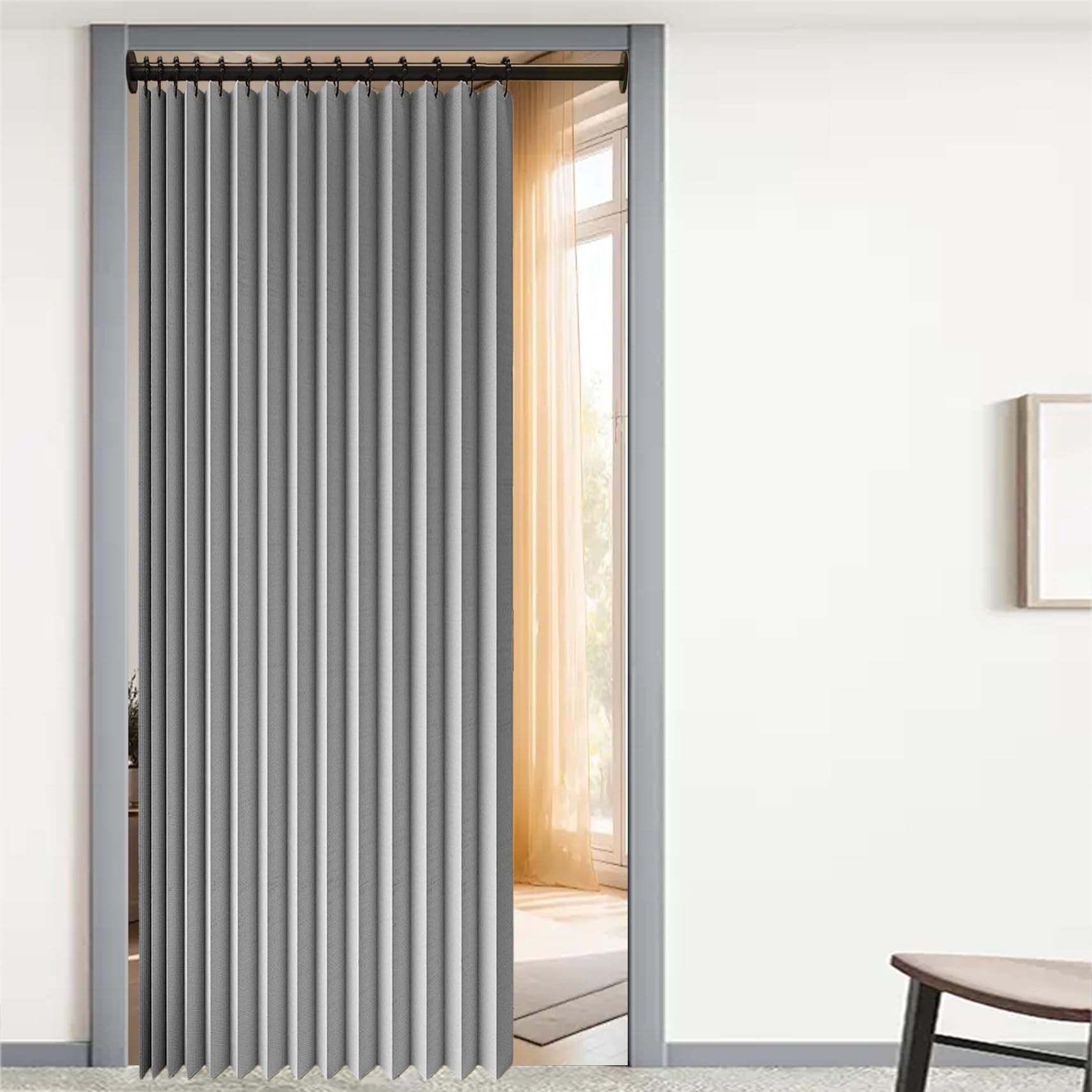 Rideaux occultants porte anti bruit et thermique gris pour isoler le salon