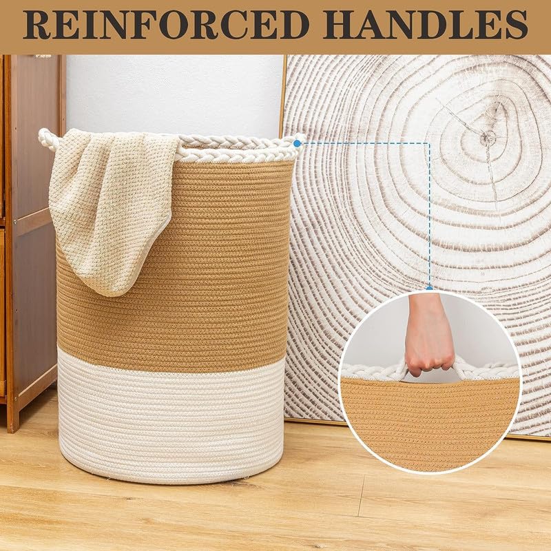 Image of Storage Rope Laundry Hamper Basket for Clothes, Towels and Blankets in Livingroom, Bedroom, Laundry Room and Basket for Nursery Storage (Size - 15 inch x 15 inch x 18 inch) (Beige White Zig Zag)
