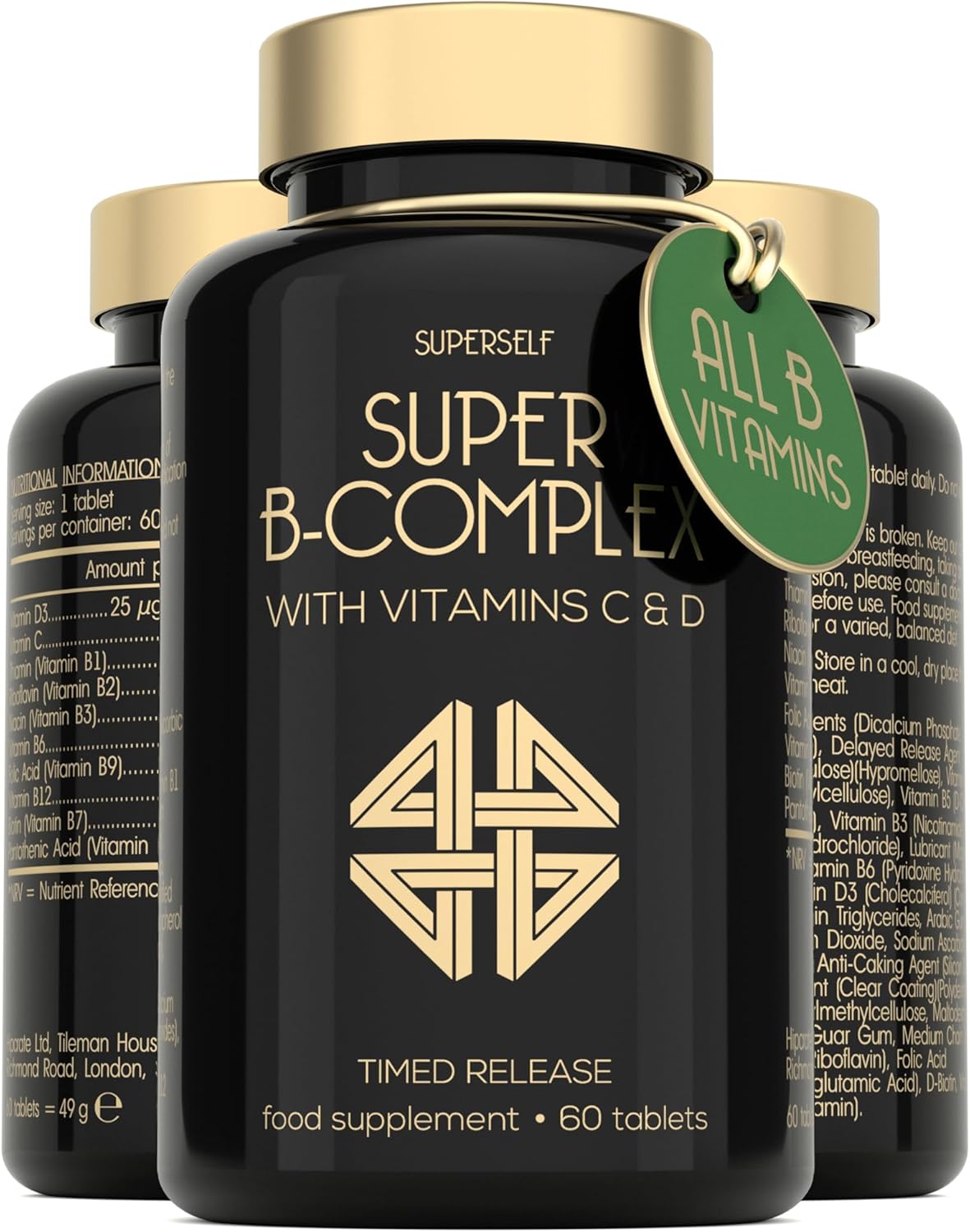 Vitamin B Complex High Strength – Slow Release Super B Complex 60 Tablets – Enriched with Vitamins D & C – Complete Vit B Supplement All 8 Vitamin B12, B6, Folic Acid, Biotin, B1, B2, B3, B5 – UK Made