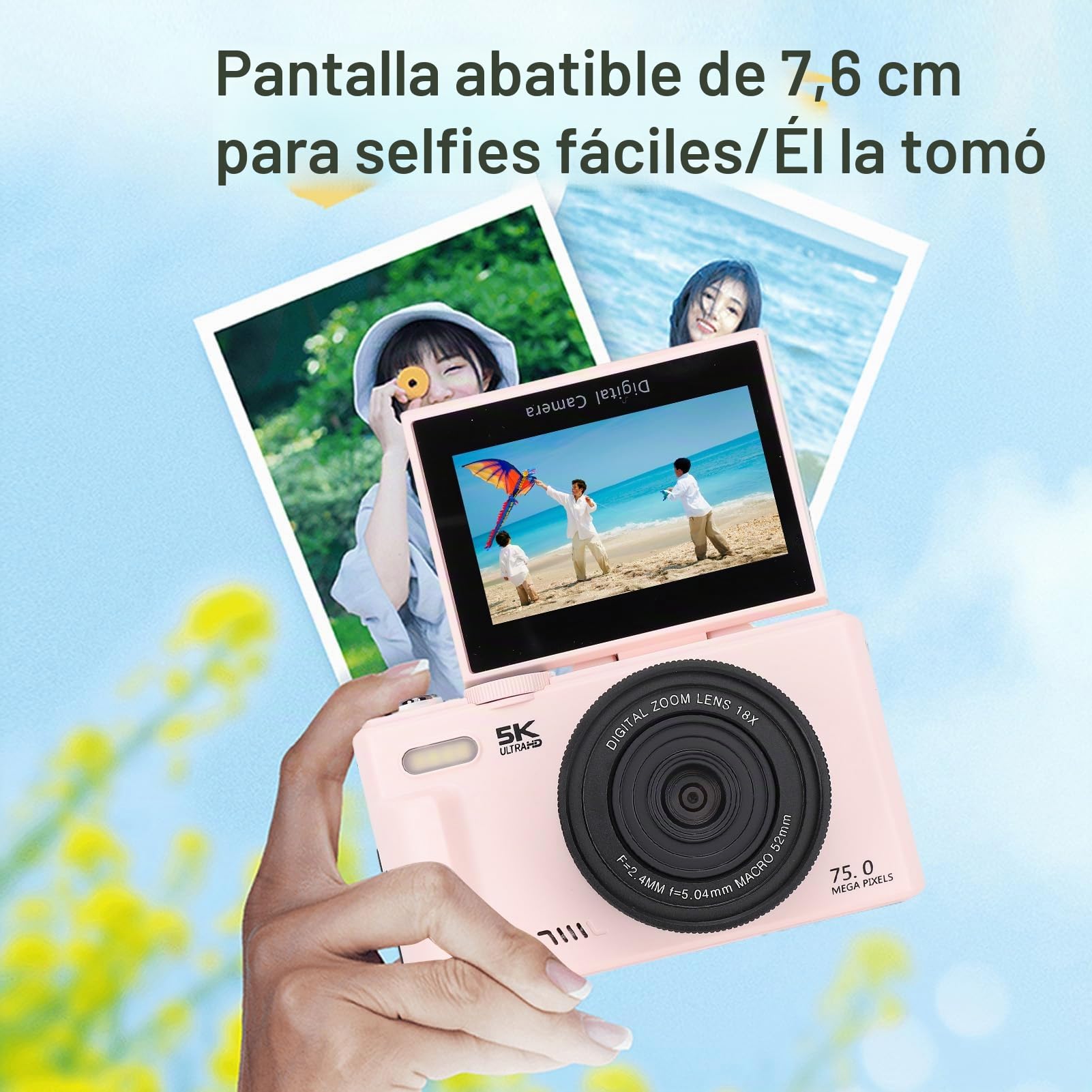 Cámara Digital 5K 75MP con WiFi y Pantalla Giratoria 180°, Cámara Vlogging para Youtube con Zoom 18X, Enfoque Automático Filtro Belleza, Fotografía Macro, Webcam HD