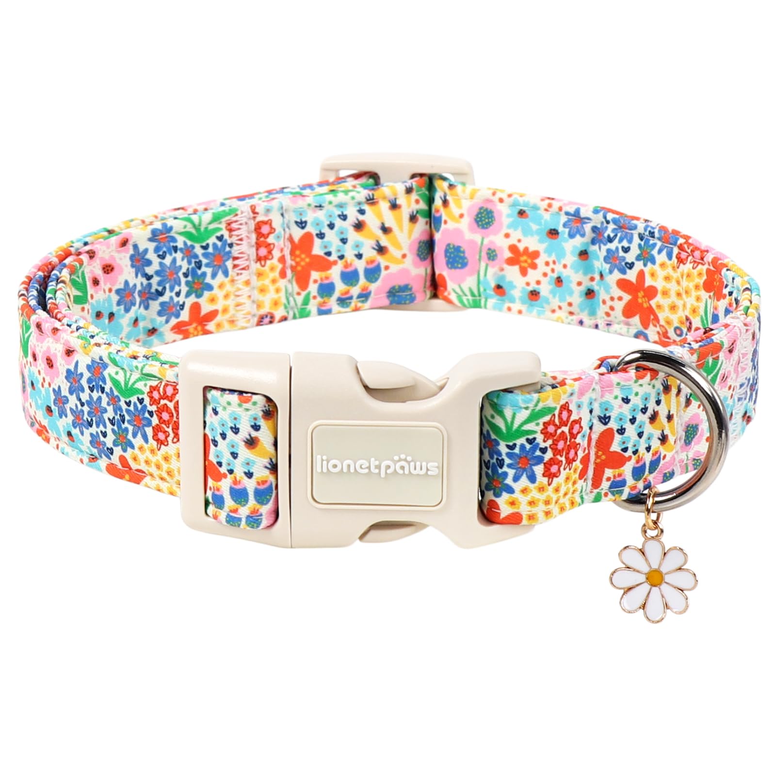 Lionet Paws Floral Dog Collar Summer Wildflowers Cosmos Corn Poppy Collars with Pink Daisies Pattern Pendant - Female Girl Dog Collar for Small Medium Large Dogs M — image 1