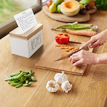 Dahey Wooden Recipe Box Set with 100 Recipe Cards 4x6 and 6 Dividers, White