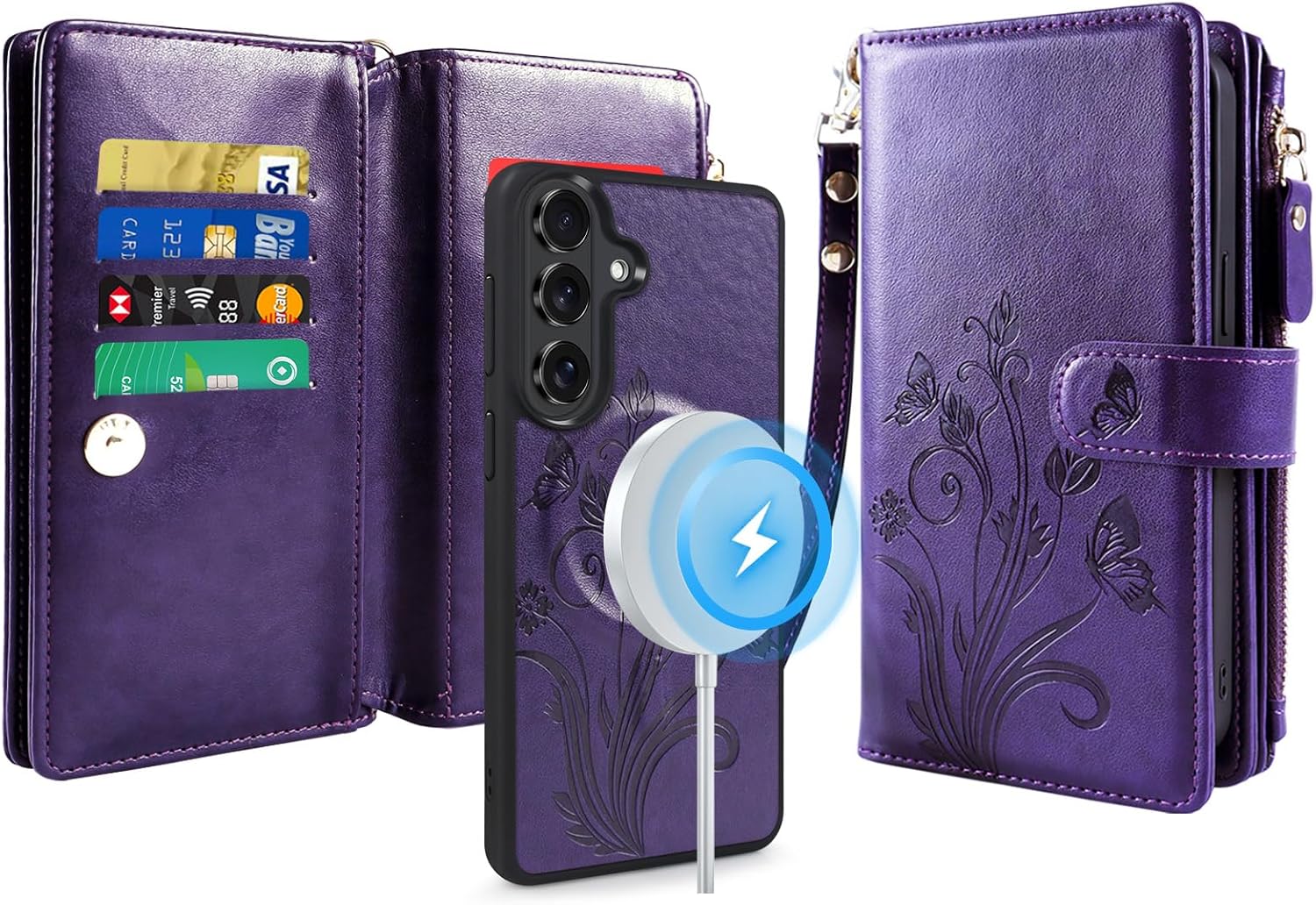Lacass for Samsung Galaxy S26 Plus Wallet Case,Compatible with MagSafe 2 in 1 Magnetic Detachable PU Leather Cover with RFID Blocking, Card Holder, Zipper,Wrist Strap,Floral Purple