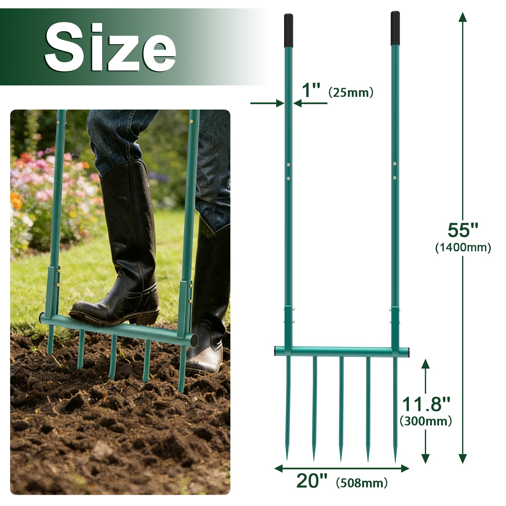 Utensile da giardino a forcella larga, 5 denti, resistente, a forma di U | Forcone ergonomico staccabile da 140 cm per scavare, coltivare e allentare il terreno, giardinaggio e agricoltura