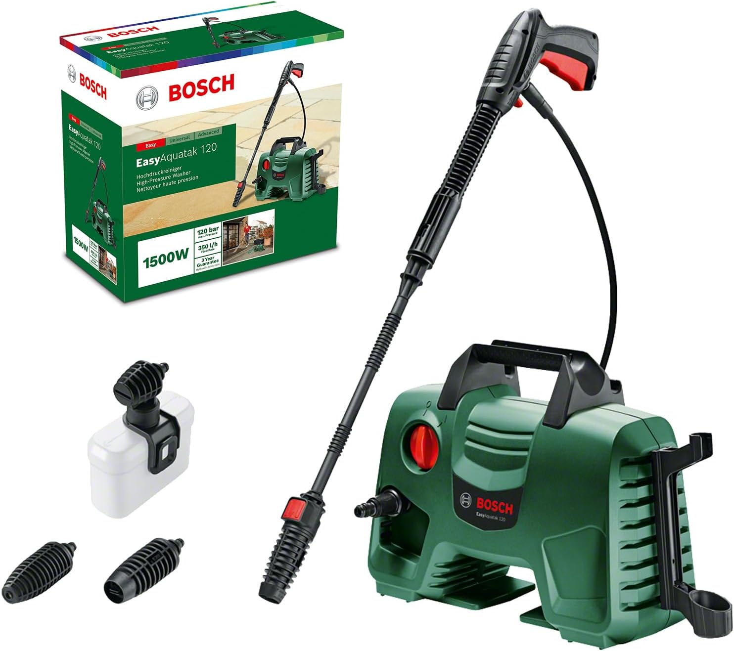 Bosch 1500W Electric High Pressure Washer Cleaner 1740 PSI with High Pressure Gun, Lance, 5 m Hose, Variable Fan Jet Nozzle, Rotary Nozzle & Detergent Nozzle, Self Priming Capable, Double Filtration,