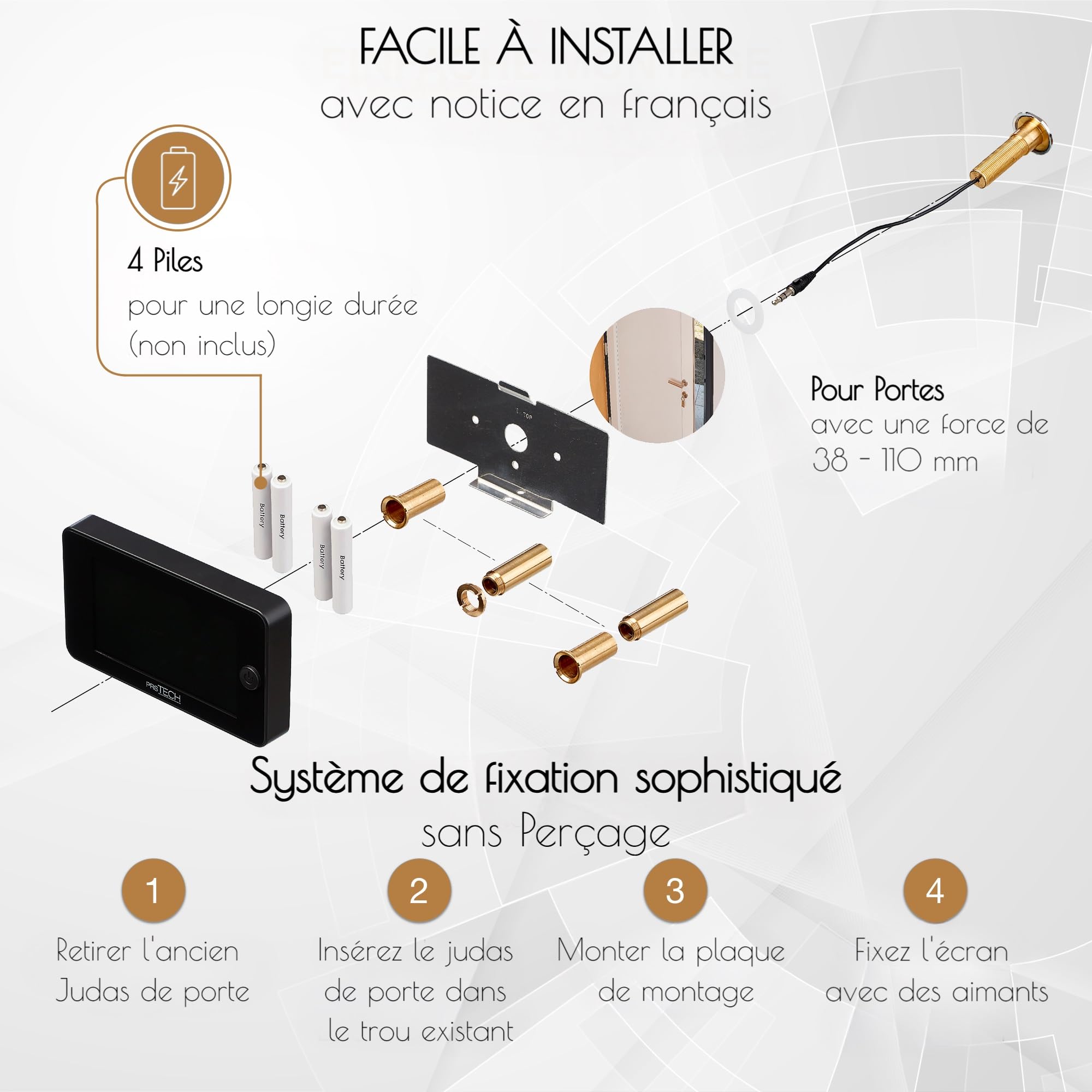 DoorCAM DC2 PLUS Judas Numérique Grand écran 4,3’’ Espion Porte Caméra Grand Angle 120° pour épaisseurs de porte de 38mm-110mm, facile à utiliser, sécurité