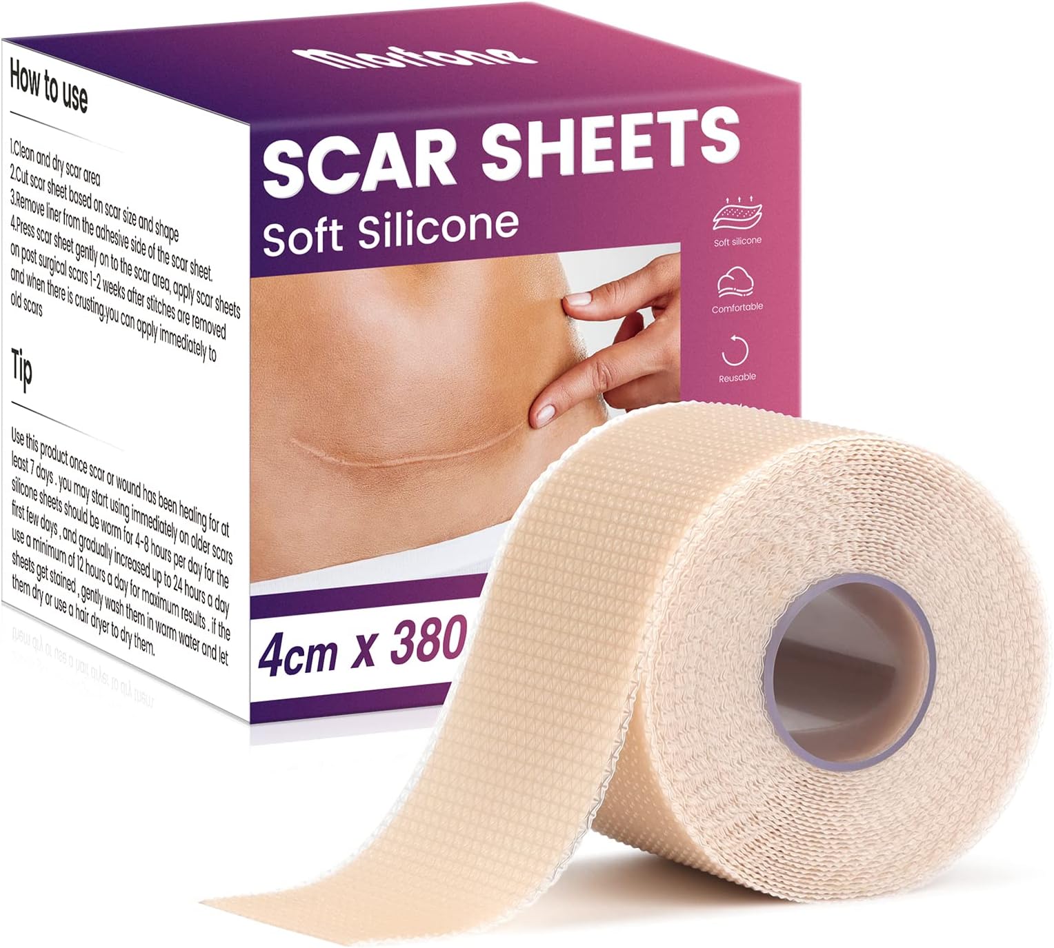 Silicone Scar Sheets (1.6” x 150” Roll-3.8M), Morfone Silicone Scar Tape, Professional and Effective Silicone Scar Removal Strips for C-Section, Surgery, Burn, Keloid, Acne, Upgrade Waterproof