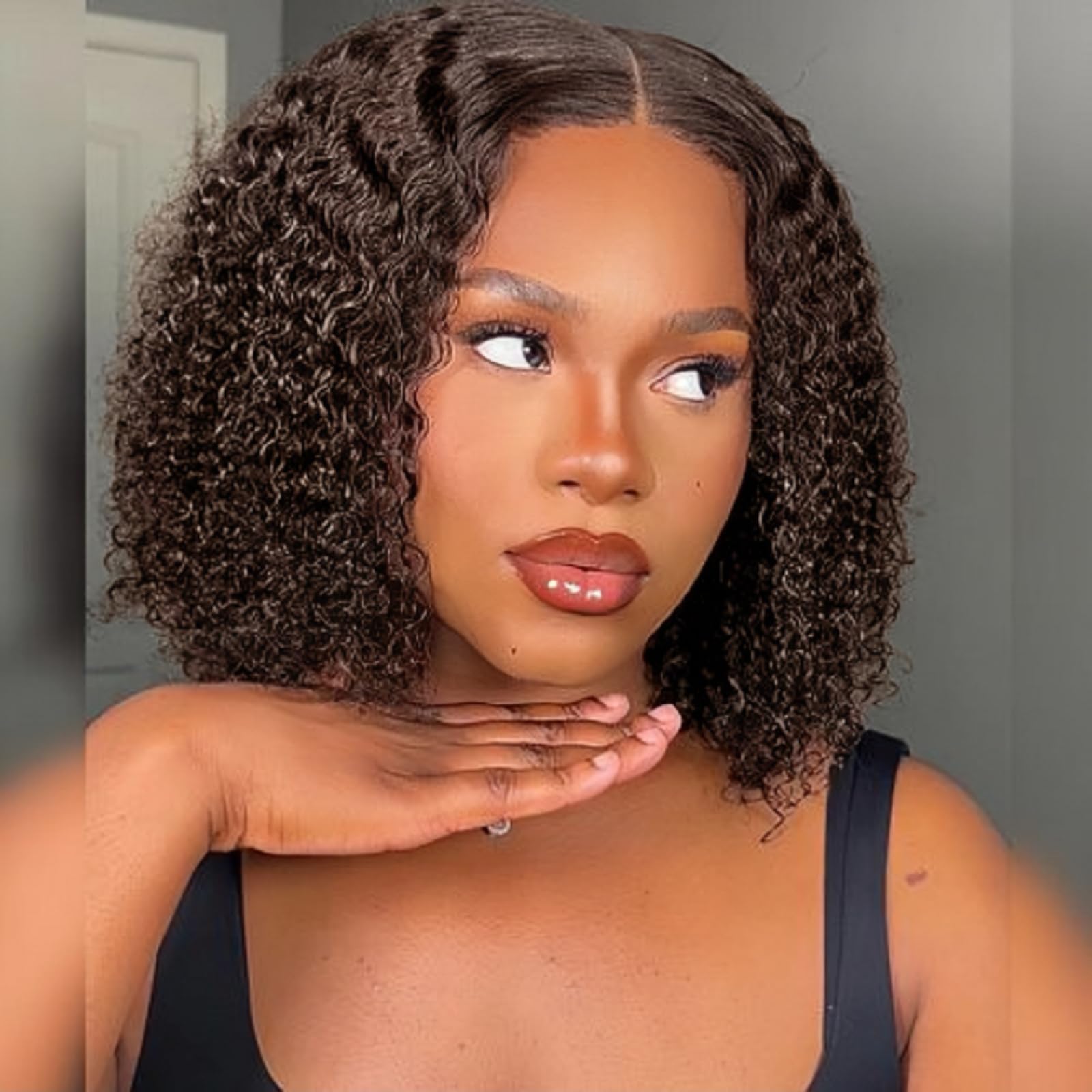 Chocolate Brown Glueless Wigs Human Hair Pre Plucked Pre Cut 180% Density Closure Wigs Human Hair Bob Wig Curly Human Hair Wig Wear and Go Glueless