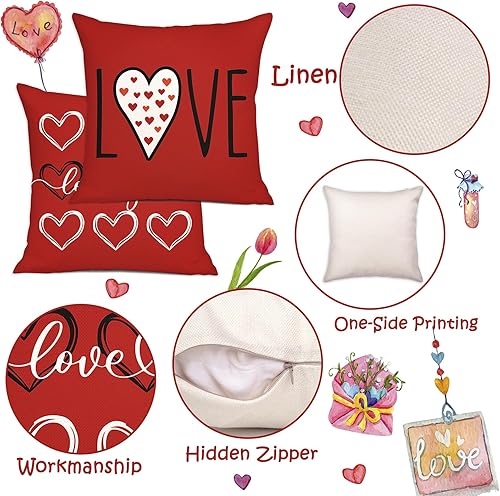 Miniatura 4 de Geefuun 4 fundas de almohada rojas para el día de San Valentín, funda de cojín de lino de San Valentín de 18 x 18 pulgadas, decoración de regalo de