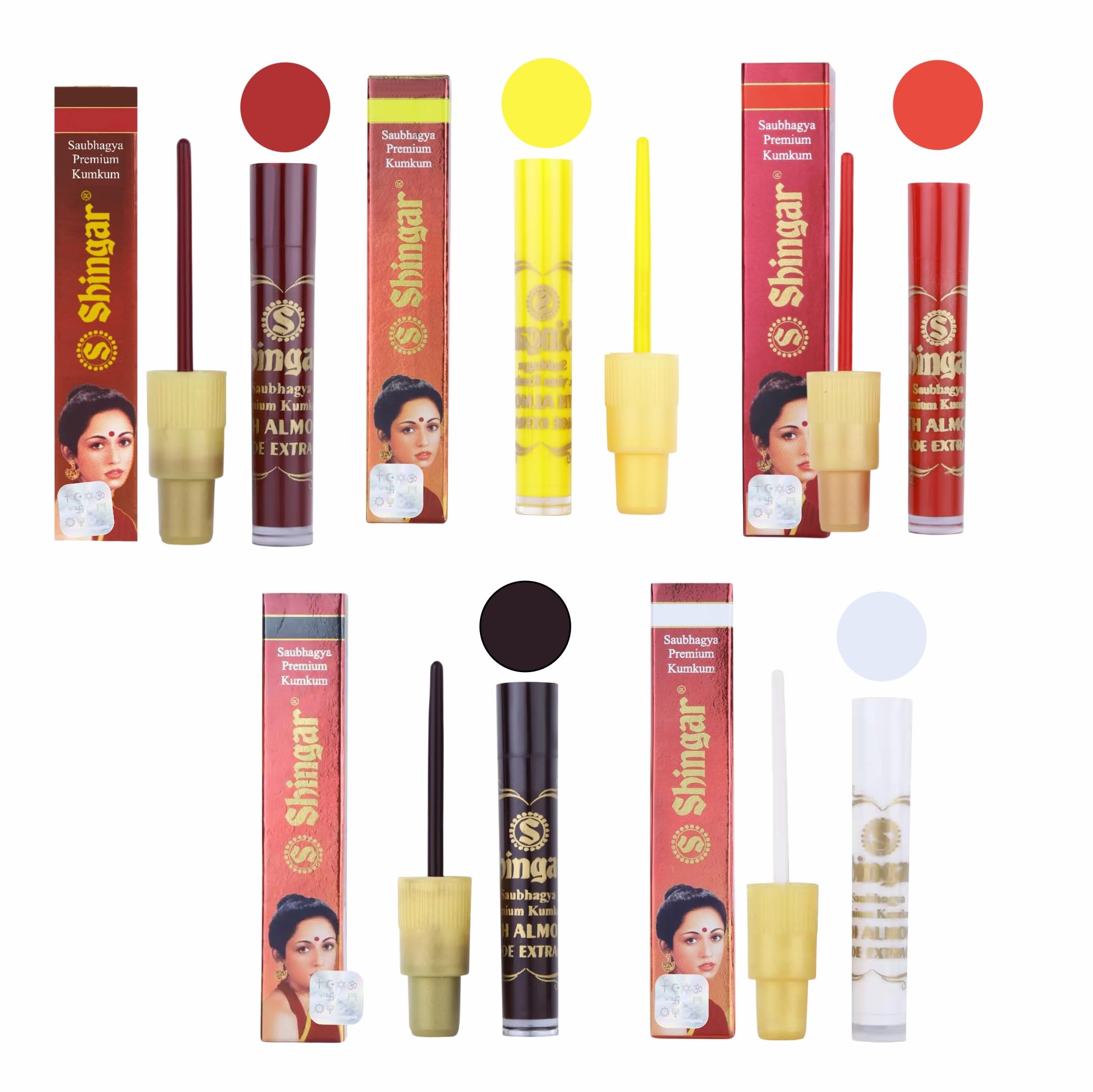 Shringar Saubhaggya Premium kumkum MultiColor liquid Kumkum Non Allergic & Non Staining With Almond and aloe vera Extract Different 5 Colors Red , Deep red , Yellow , Black, White Shingar Multi Color Liquid Bindi Pack of 5-image-18