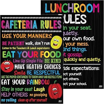 Jinniee School Cafeteria Rules Poster 11x17 inches Lunchroom Lady Teacher Sign Classroom posters Cafe Wall Art Eat Your Veggie SET 2 LUNCHROOM POSTER