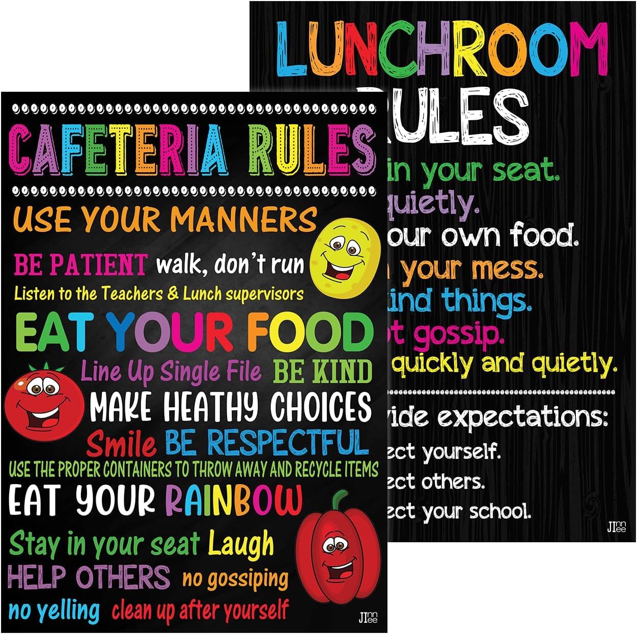 Jinniee School Cafeteria Rules Poster 11x17 inches Lunchroom Lady Teacher Sign Classroom posters Cafe Wall Art Eat Your Veggie (SET 2 LUNCHROOM POSTER)