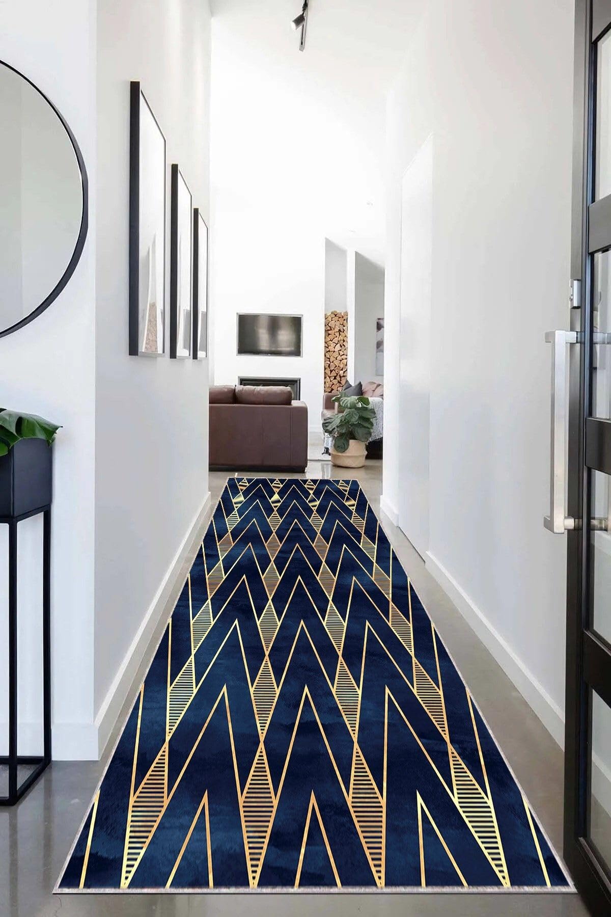 Pelangi Gold Geometrik Zigzag Çizgili Üçgen Desenli Dijital Baskı Yıkanabilir Modern Salon Halı ve Yolluk, Lacivert-Kahve 40 x 40, 955455440407
