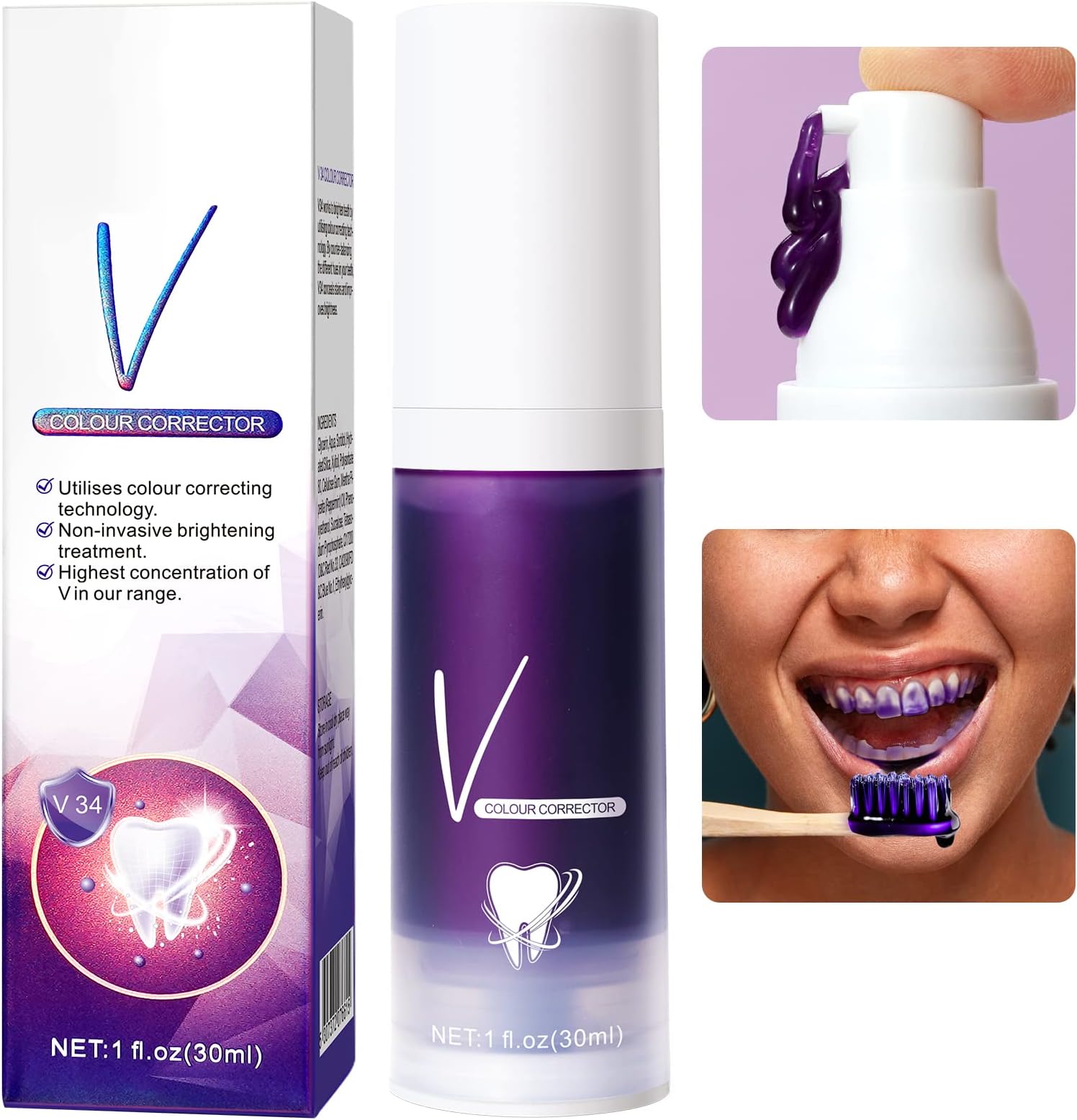 Whitening Toothpaste, Dental Colour Corrector, Purple Toothpaste for Teeth Whitening, Deeply Cleaning Gums, Stain Removal, Free of Peroxide, with Natural Formula, Not Causing Sensitivity 30ml