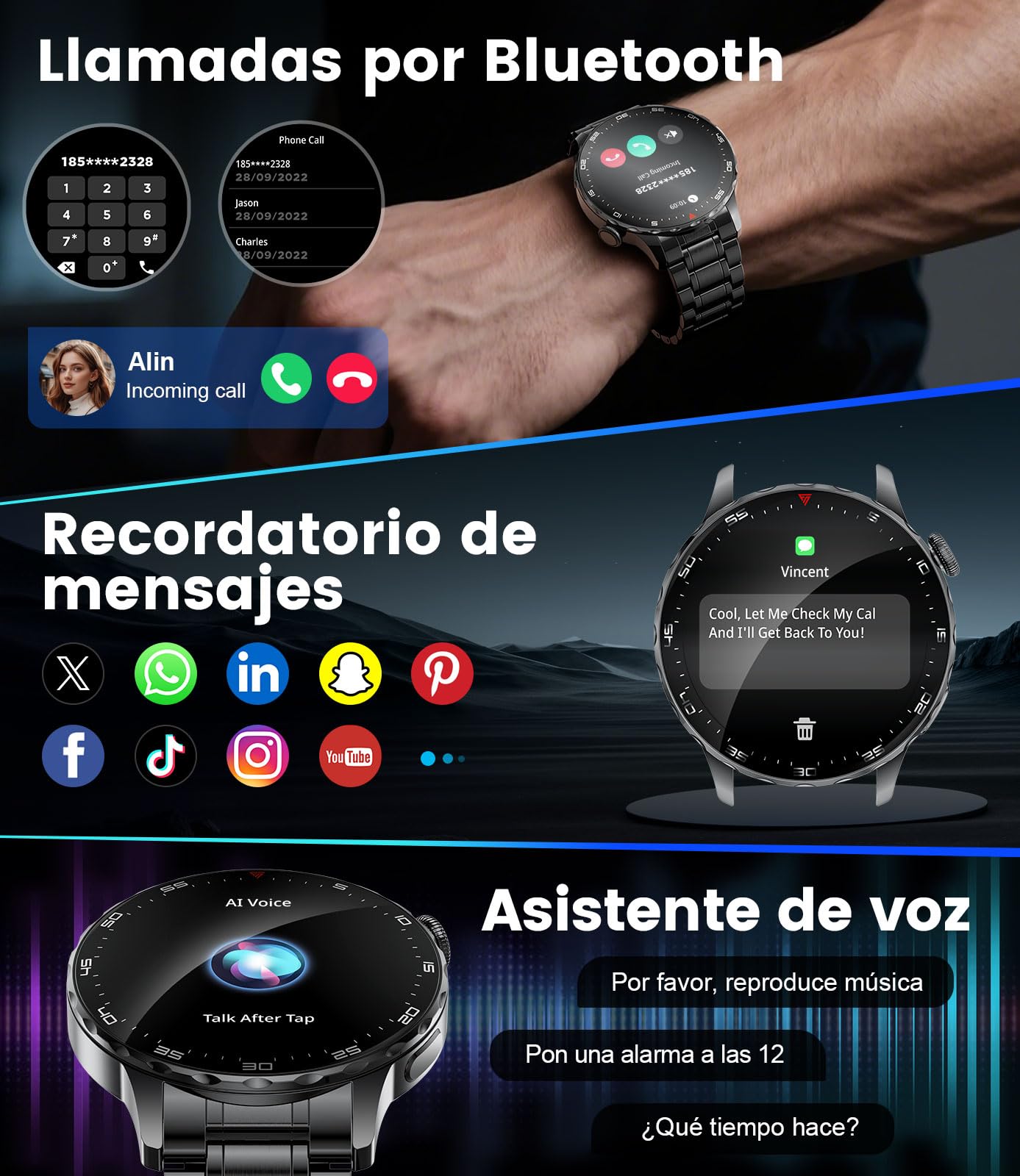 Smartwatch Hombre, 1.43" AMOLED Pantalla Redonda,123 Modos Deportivos,Ritmo Cardíaco Presión Arterial Sueño,Llamadas Bluetooth 5.3,2 Cables de Carga Magnéticos para Android iOS(SML21-B)