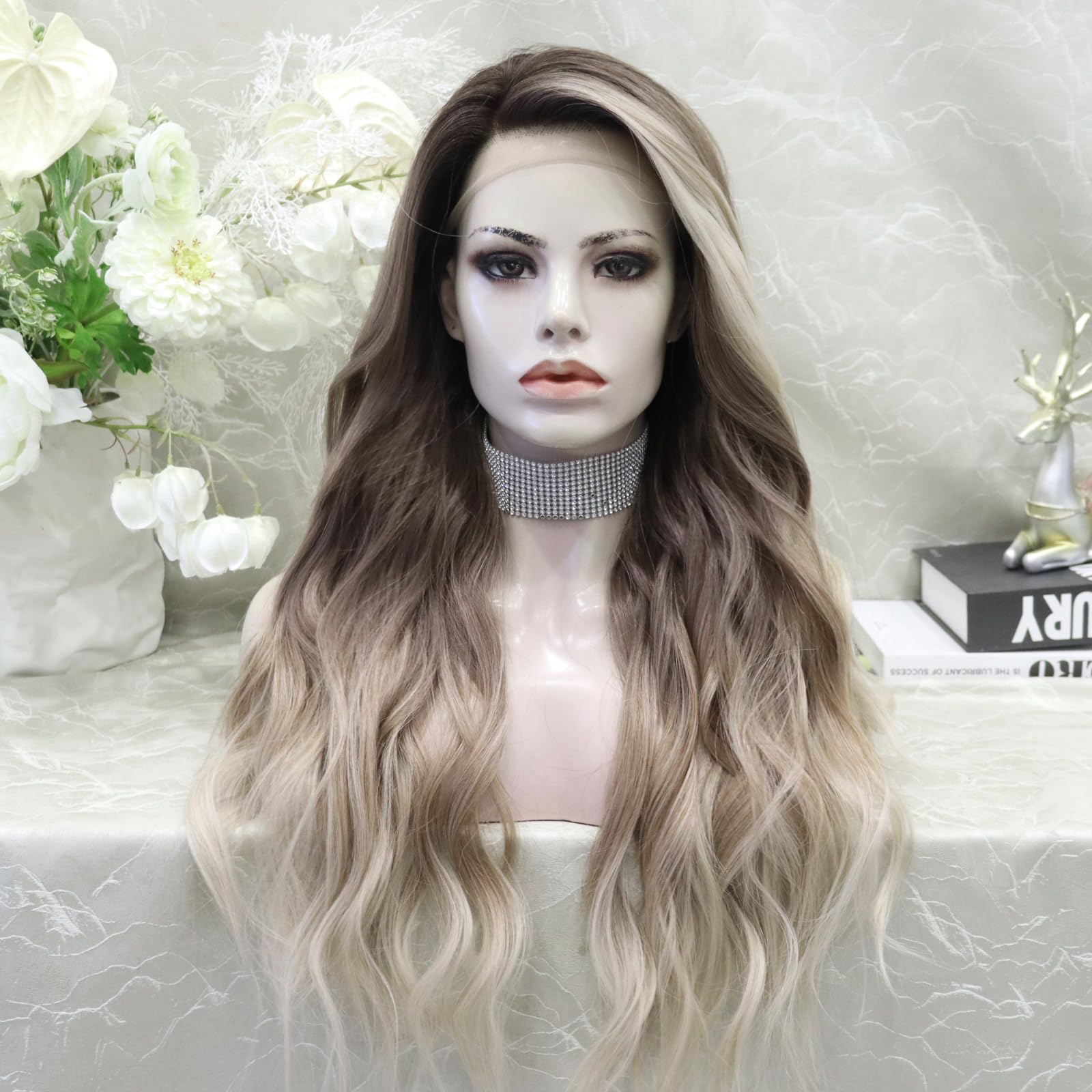 IMSTYLE Ombre Brown Wigs: 13x4 Synthetic Lace Front Wig, Highlight Blonde Wavy Wig Hair Heat Resistant Fiber Natural Hairline Daily Wig 24Inches (Ombre Brown)
