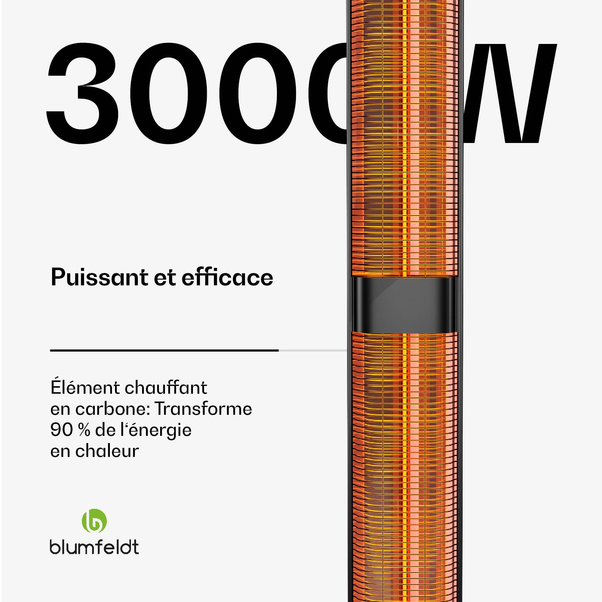 Blumfeldt BlazeTower radiateur infrarouge - 3000 W, chaleur réglable, IP45, protection anti basculement, télécommande & minuterie 24H - idéal pour terrasse & jardin