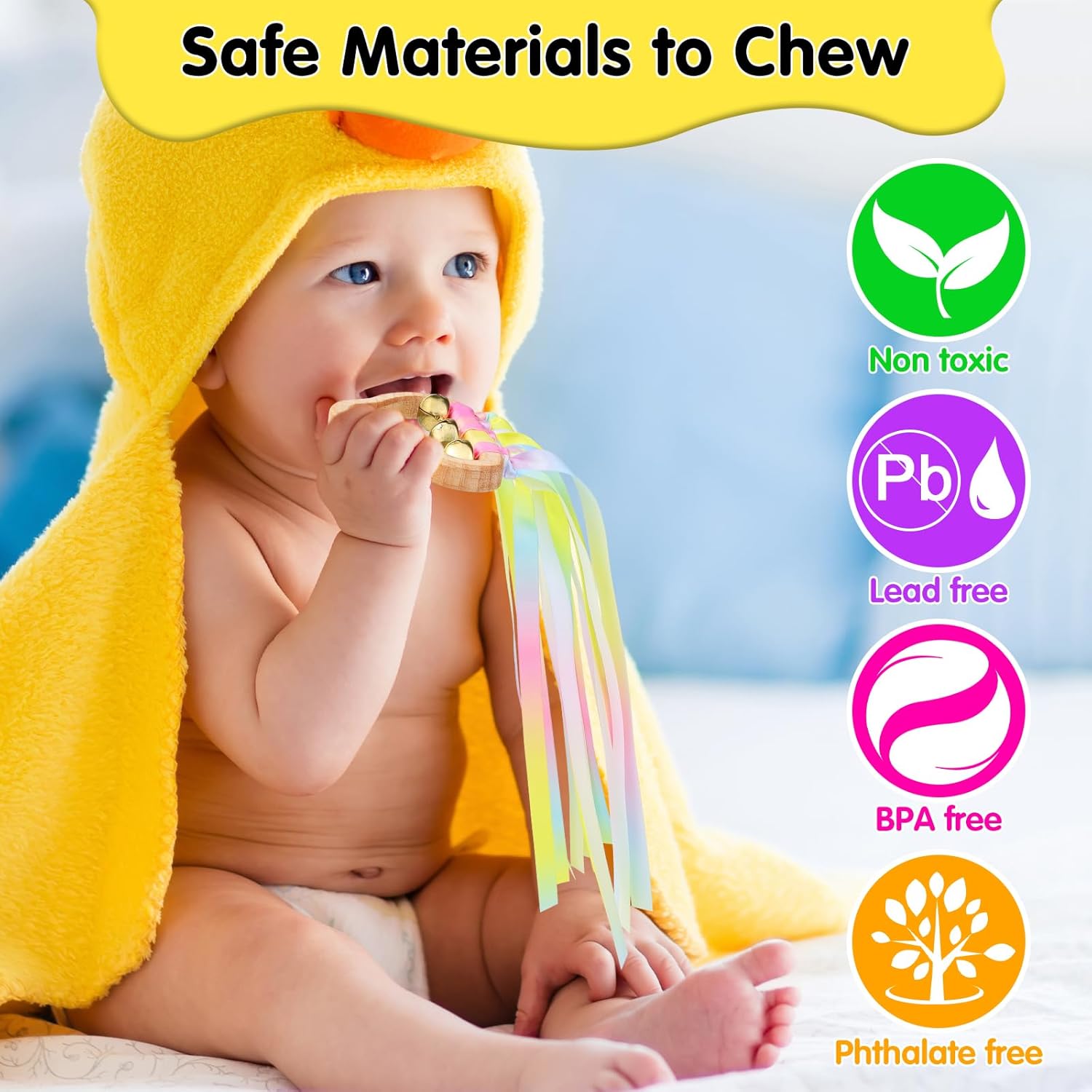 Sensory Toys for Babies - 2 Pack Teething Sensory Toy Rainbow Ribbons Rattle Toys Baby Wooden Toys for Babies Infant Toddler 3-24 Months Gradient Rainbow 5