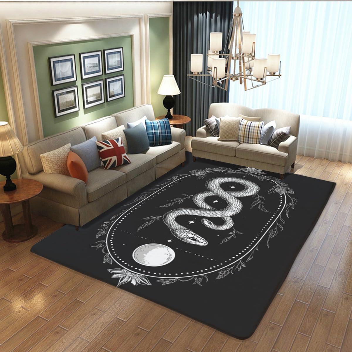 Black Snake Print Area Rugs Washable Rugs Flannel Rugs Non-Slip Floor mats Psychic Witchcraft Rugs for Bedroom Living Room Study Game Rugs 24x36inch