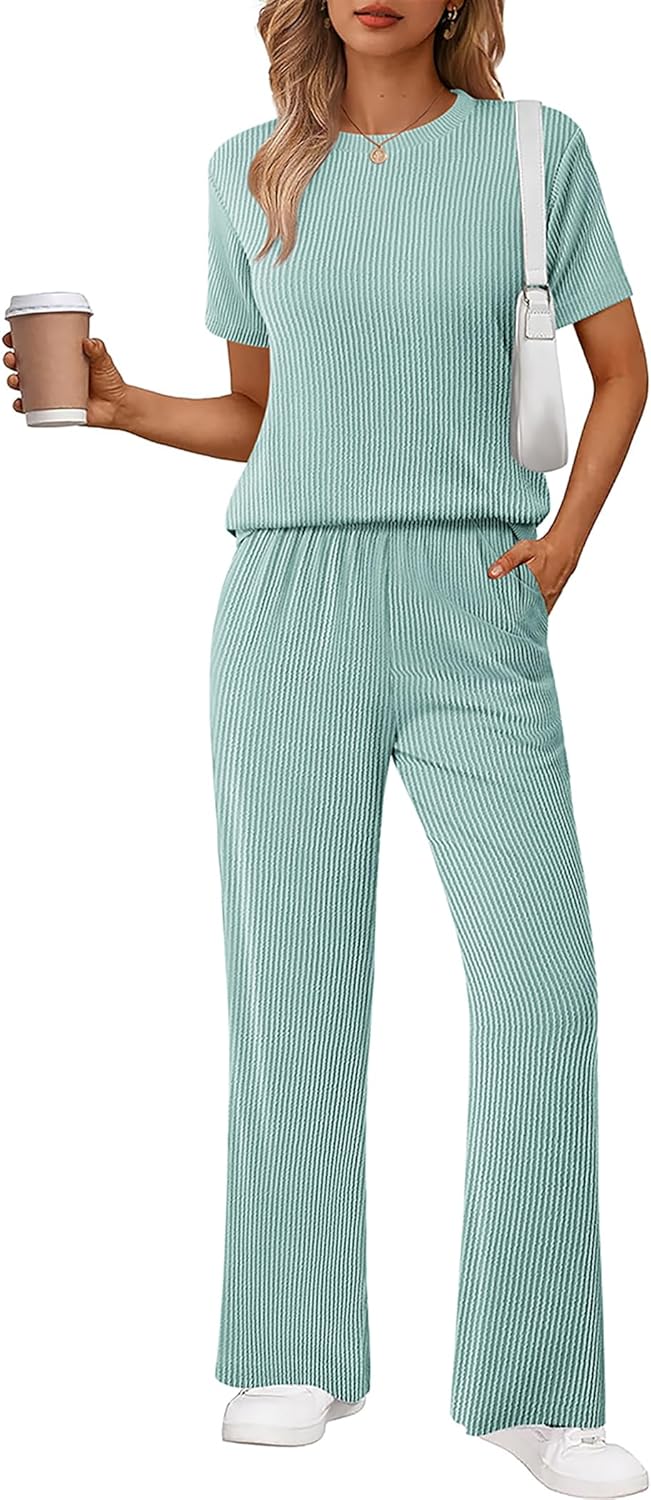 Ekouaer Lounge Sets for Women 2 Piece Matching Travel Outfits 2026 Loose Short Sleeve Top Wide Leg Pants Pockets