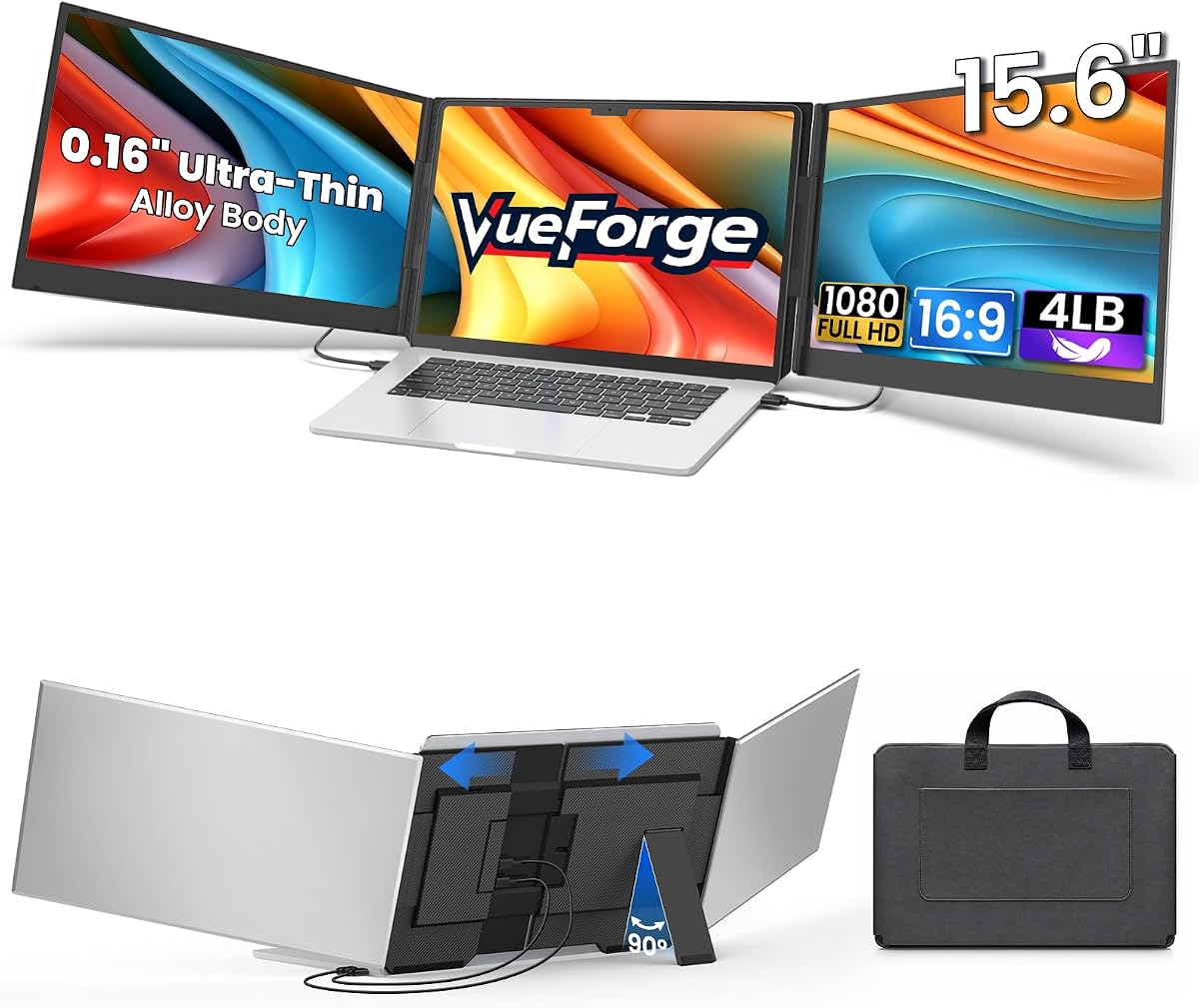 Extensor de pantalla para computadora portátil, monitor portátil triple ultradelgado de 15,6" para computadora portátil, dos cables USB-C/HDMI Plug-Play, monitor dual de viaje para computadoras portátiles de 13 a 17,3", MacOS/Windows/Android