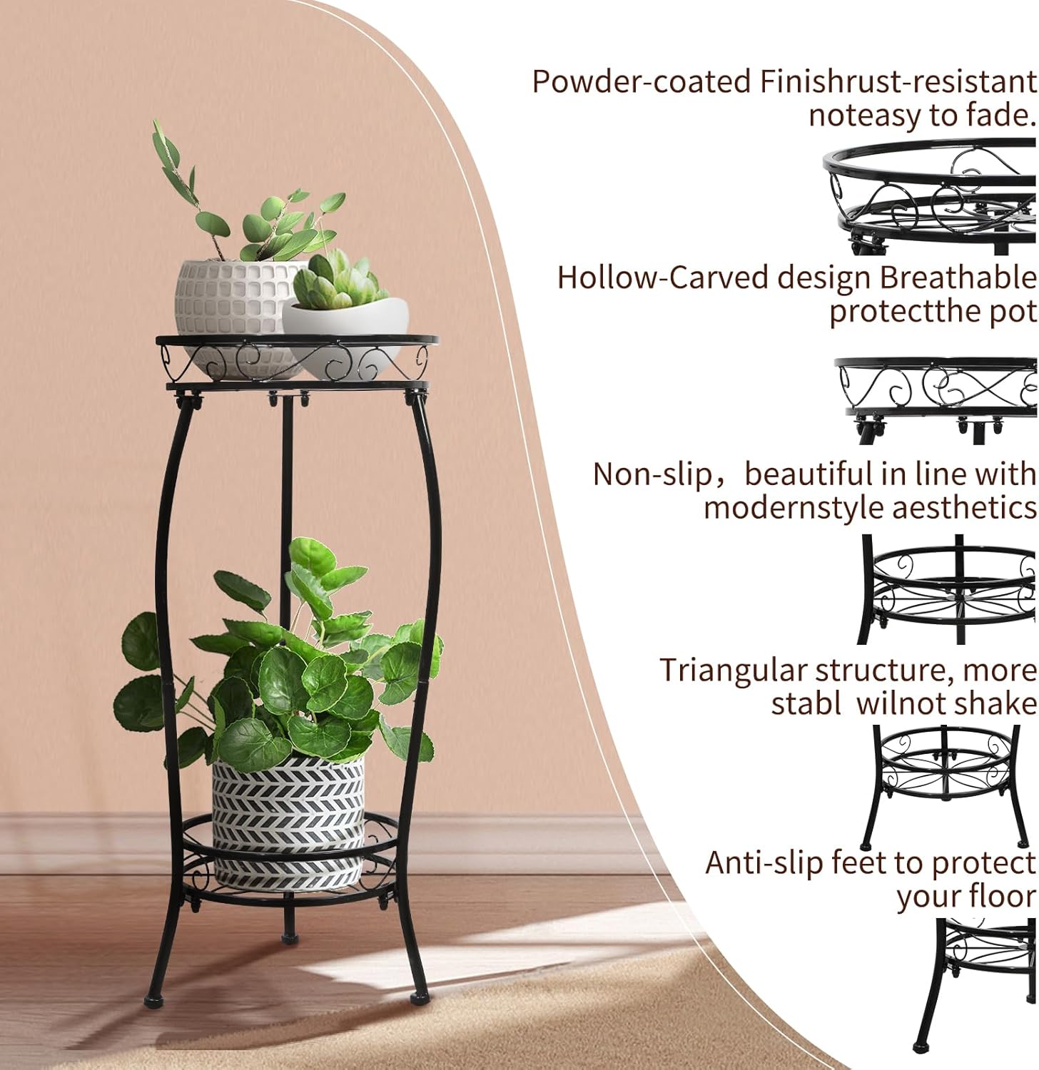 2 Pack Plant Stand Indoor Outdoor 2 Tier 27" Tall Metal Potted Holder Rack Flower Pot Stand Heavy Duty Plant Shelf Rustproof Iron Multiple Plant Round Supports Rack for Planter Corner Garden