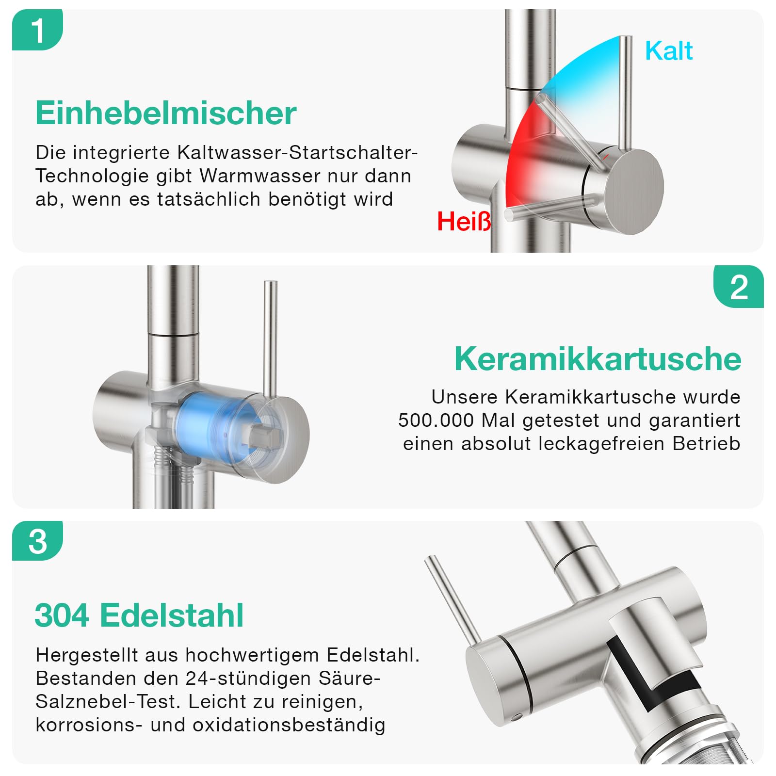 Faustina 3 Wege Küchenarmatur mit Brause ausziehbar, Einhebelmischer Armatur Wasserhahn Spültischarmatur Trinkwasserhahn Küche für Osmoseanlage Umkehrosmose und Wasserfilter gebürstet