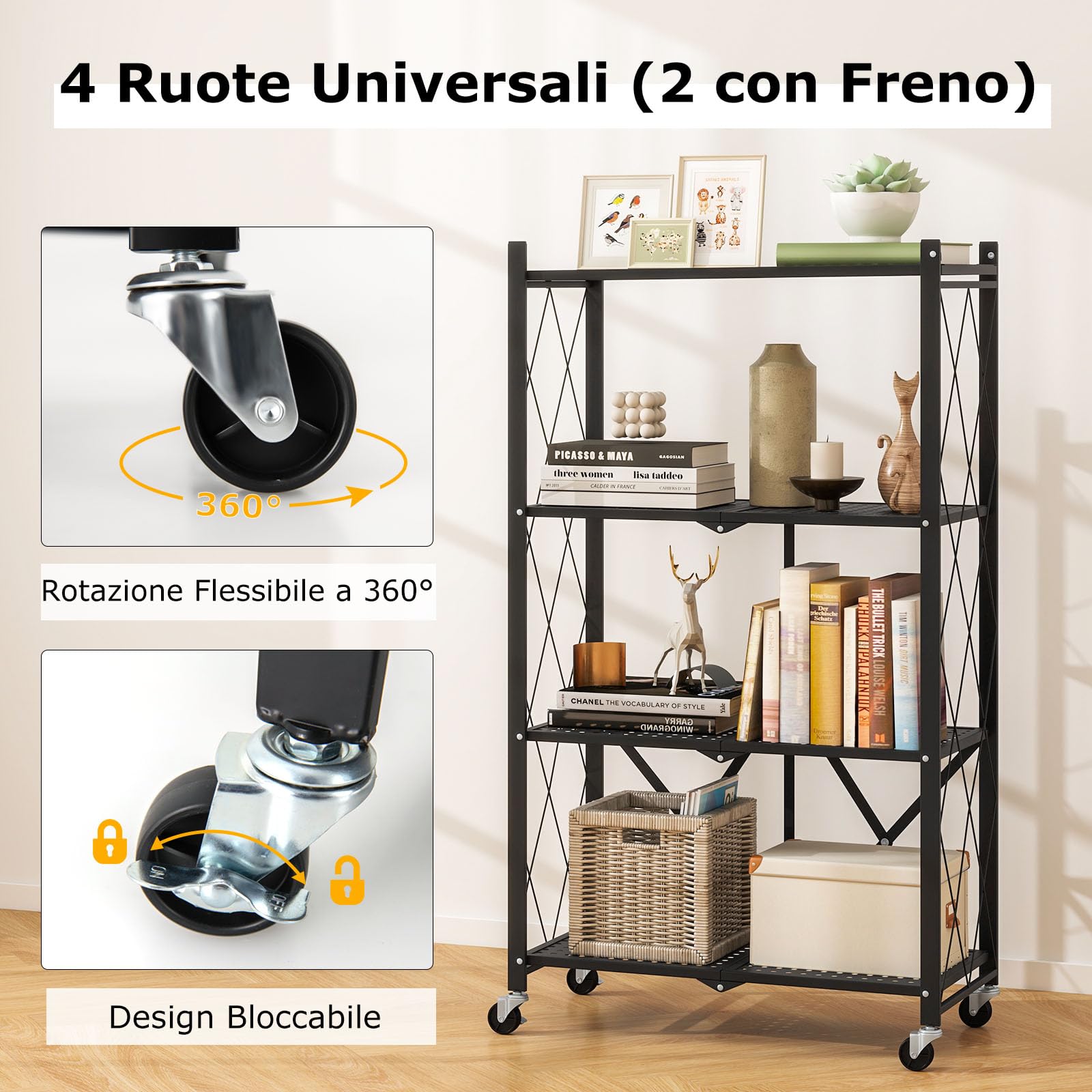 RELAX4LIFE Scaffale Pieghevole, Scaffale Metallico a 4 Livelli per Impieghi Gravosi con 4 Ruote Universali, Scaffale Organizzatore Salvaspazio per Cucina, Soggiorno, Studio, Nero
