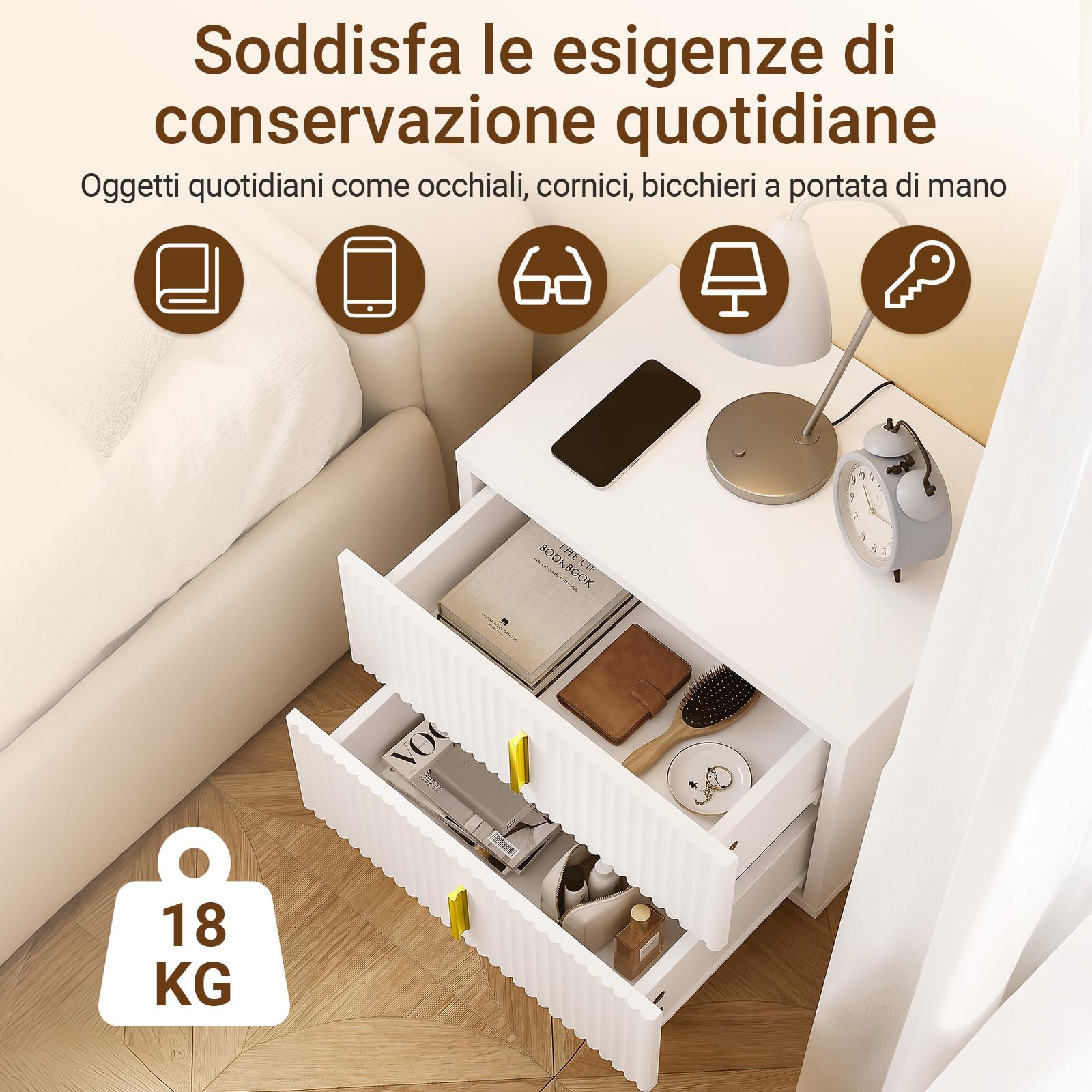 SoBuy comodino sospeso con luce LED a sensore e 2 cassetti, 40x30x30cm | Mensole da muro con fronte ondulato del cassetto, maniglia dorata, PB+MDF, per camera da letto/ingresso, FBT177-E-W