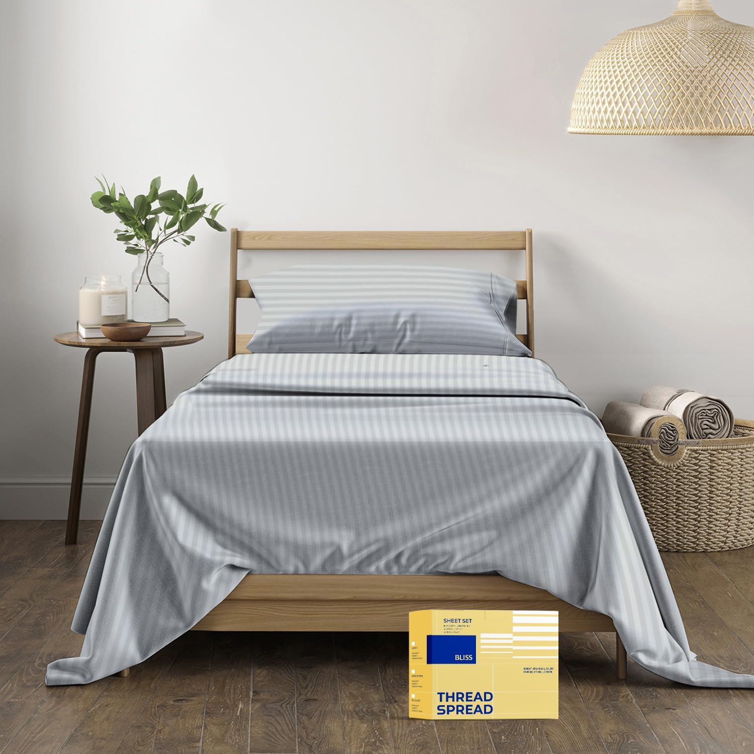 THREAD SPREAD Striped Egyptian Cotton Sheets Twin XL Size - 600 Series Bliss Collection Damask Twin XL Sheets Deep Pockets (3 PC, Silver Grey Stripe), Sateen Dorm Bedding, Fits Mattress Upto 18"