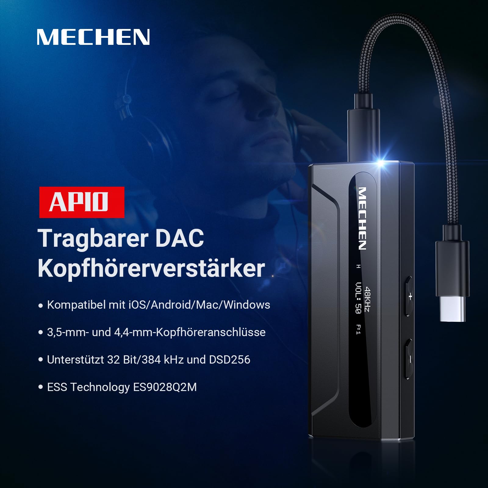 MECHEN AP10 Kopfhörerverstärker DAC mit ES9028Q2M & ES9603Q, Unterstützt 384kHz/DSD256, Duale Ausgänge 3,5mm+4,4mm, für Smartphone/PC/Laptops/Player