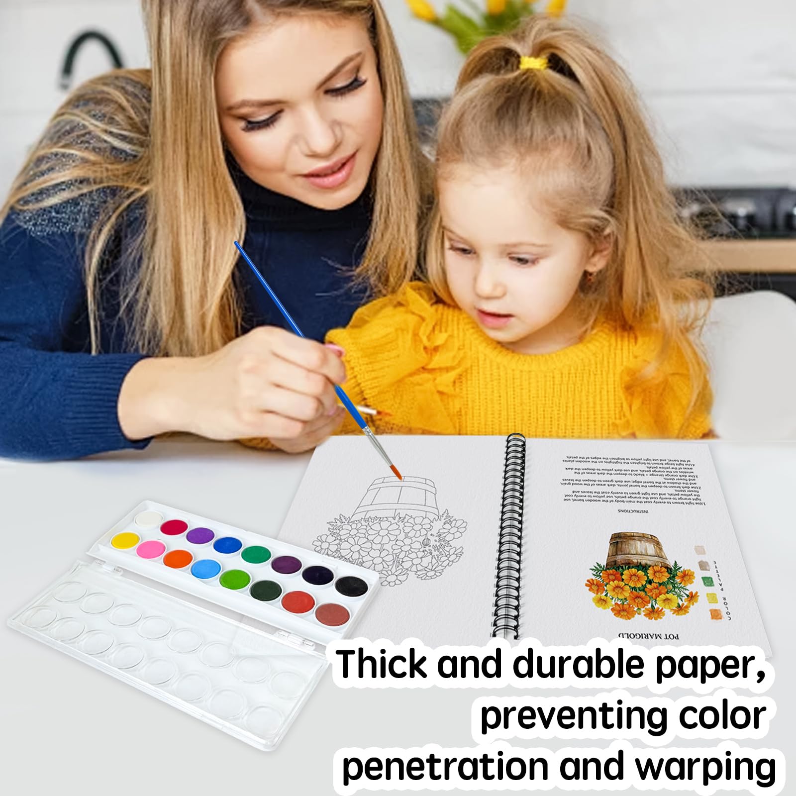 SLWBZ Ramos de libros de trabajo de acuarela, 15 patrones diferentes de diseños originales de bricolaje, 16 platos de pintura de acuarela de colores con paleta y pincel, libros de trabajo de acuarela