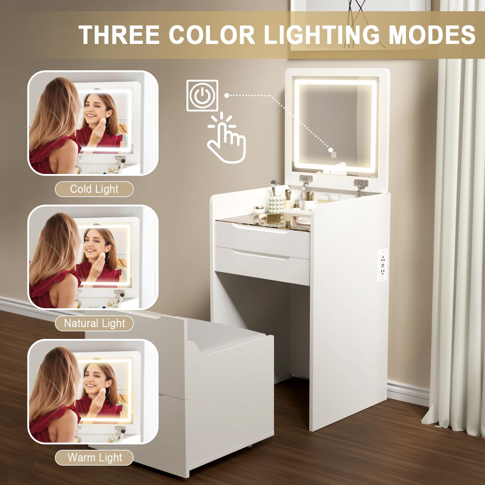 OXBZKMY 3 in 1 Vanity Desk, Flip Top Vanity Set with Mirror and 3 Drawer, Small Makeup Vanity Table with Cushioned Stool & Power Outlet, Compact Dressing Table for Bedroom, White