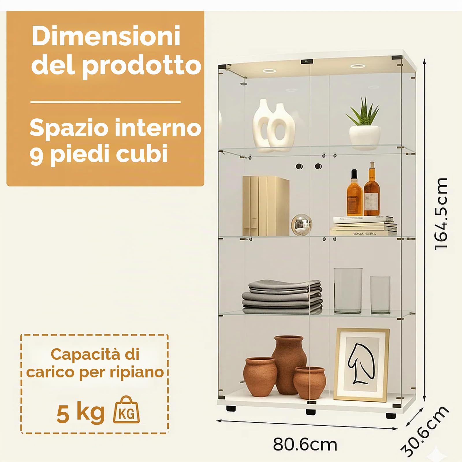 Vetrinetta con illuminazione LED, armadio espositivo bianco 164,5 x 80,6 x 36,5 cm, porte in vetro con serratura, vetrinetta a terra con 2 luci LED, vetro temperato di sicurezza da 5 mm