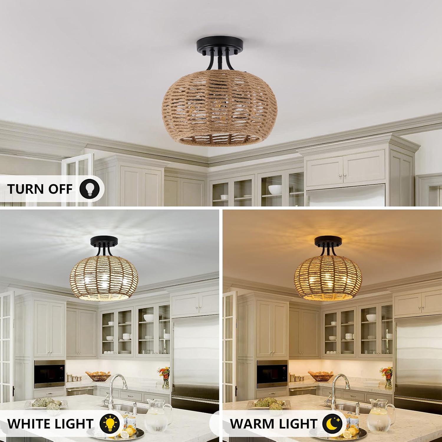XSDeTu Boho Light Fixtures Ceiling Mount, 4-Light Farmhouse Hemp Rope Flush Mount Ceiling Light, Rustic Hand Woven Chandelier, Coastal Close to Ceiling lamp for Bedroom Hallway Entryway Kitchen