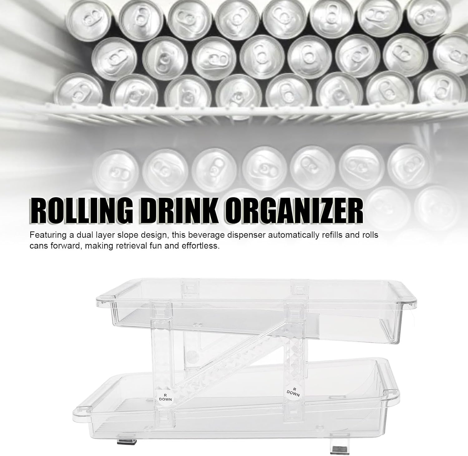 Rolling Soda Can Organizer, 2 Layer Expandable Automatic Rolling Beverage Dispenser Soda Can Dispenser Fridge Soda Can Holder for Refrigerator Pantry Freezer (Clear)