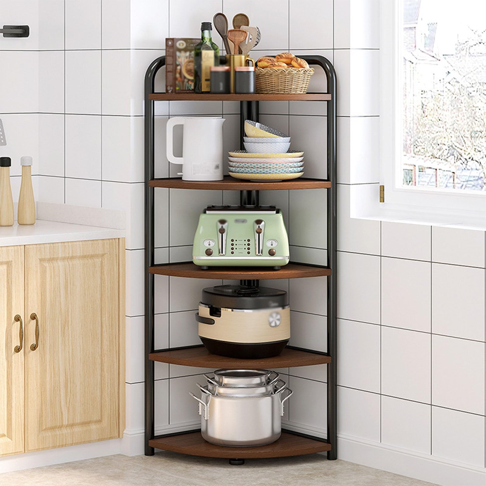 Scaffale Cucina Legno Scuro Scaffale per Cucina Salvaspazio Ripostiglio a più Livelli Angoli Arrotondati per Soggiorno, Camera da Letto(31.4 * 31.4 * 106cm)