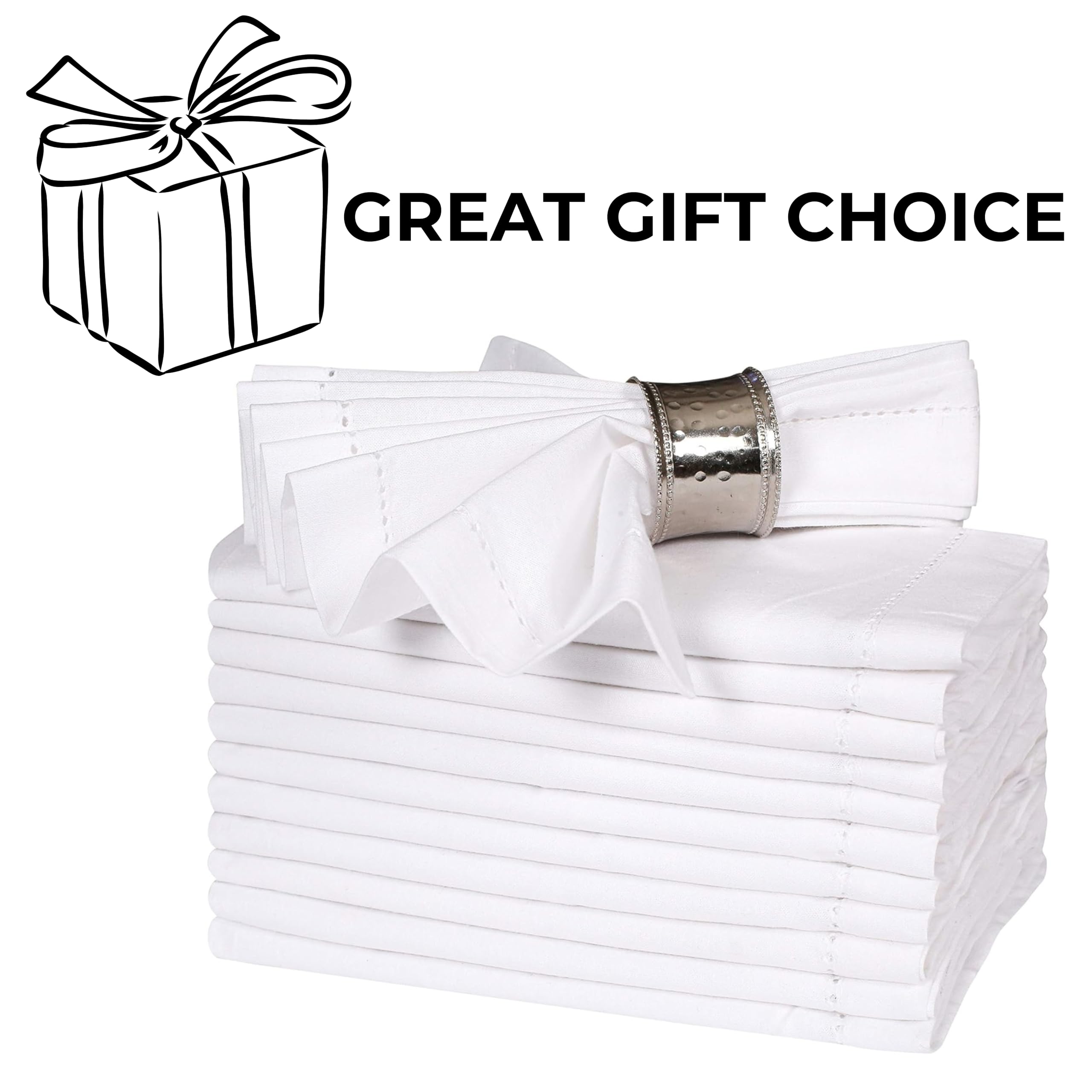 BEDDING CRAFT Set of 12 Cotton Cloth Dinner Napkin 18x18 White with Hemstitched Mitered Corners – Perfect for Wedding Dinner Parties and Table Decorations, Cloth Napkins