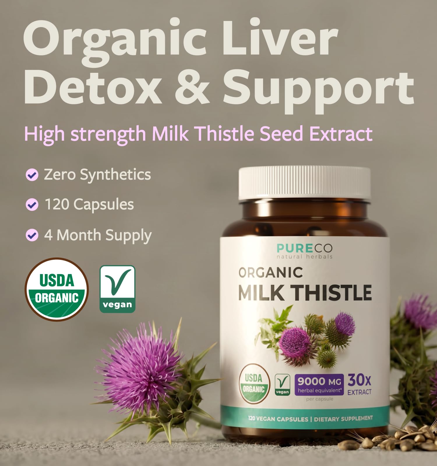 USDA Organic Milk Thistle Capsules - 80% Silymarin Supplement for Liver Support- Super Concentrated Organic Milk Thistle 300mg 30:1 Per 1 Capsule Serving - Liver Detox and cleanse - 120 Day Supply — Amazon image 2