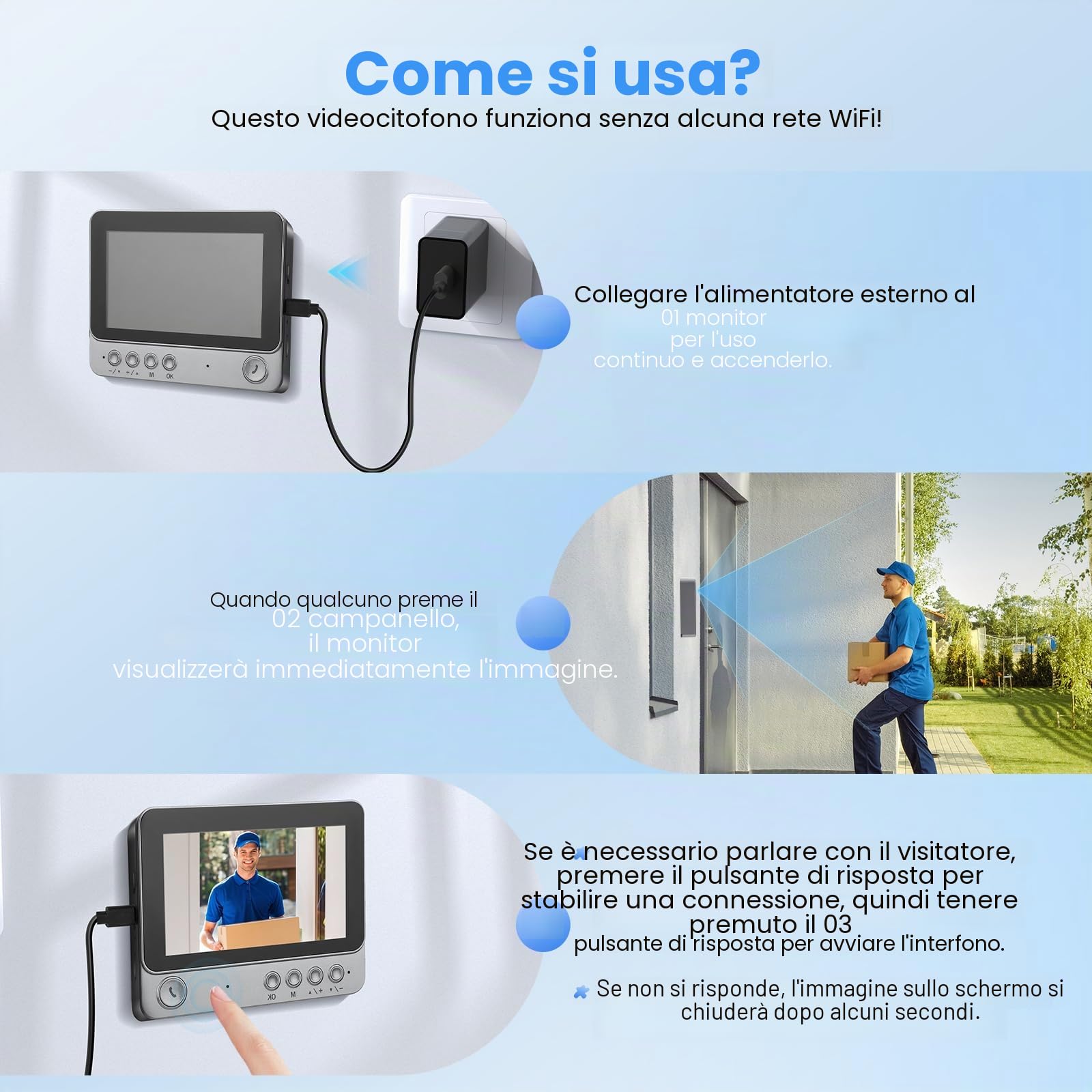 Campanello senza fili con fotocamera, IP65 esterno, impermeabile, 1080P HD schermo 4.3", 2.4G Campanello video senza fili, audio bidirezionale, visione notturna, resistente alle intemperie, supporta