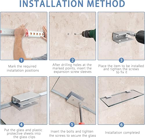 Miniatura 8 de 4 piezas de acero inoxidable para estante de vidrio, soporte ajustable de acero inoxidable 304, soporte de estante de 0.3 a 0.5 pulgadas de grosor
