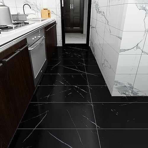 Miniatura 3 de VEELIKE Azulejos de suelo de mármol negro de 12 x 24 pulgadas, azulejos de vinilo impermeables extraíbles y autoadhesivos para el suelo, azulejos