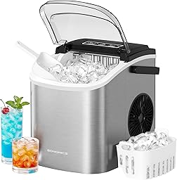 SONGMICS Eiswürfelmaschine, Eiswürfelbereiter, Eismaschine mit Selbstreinigung, in 6 Minuten 9 Würfel in 2 Größen, 12 kg in 24 Stunden, tragbar, Küche, WG, Party, Camping, Silbergrau XZB001E1EU
