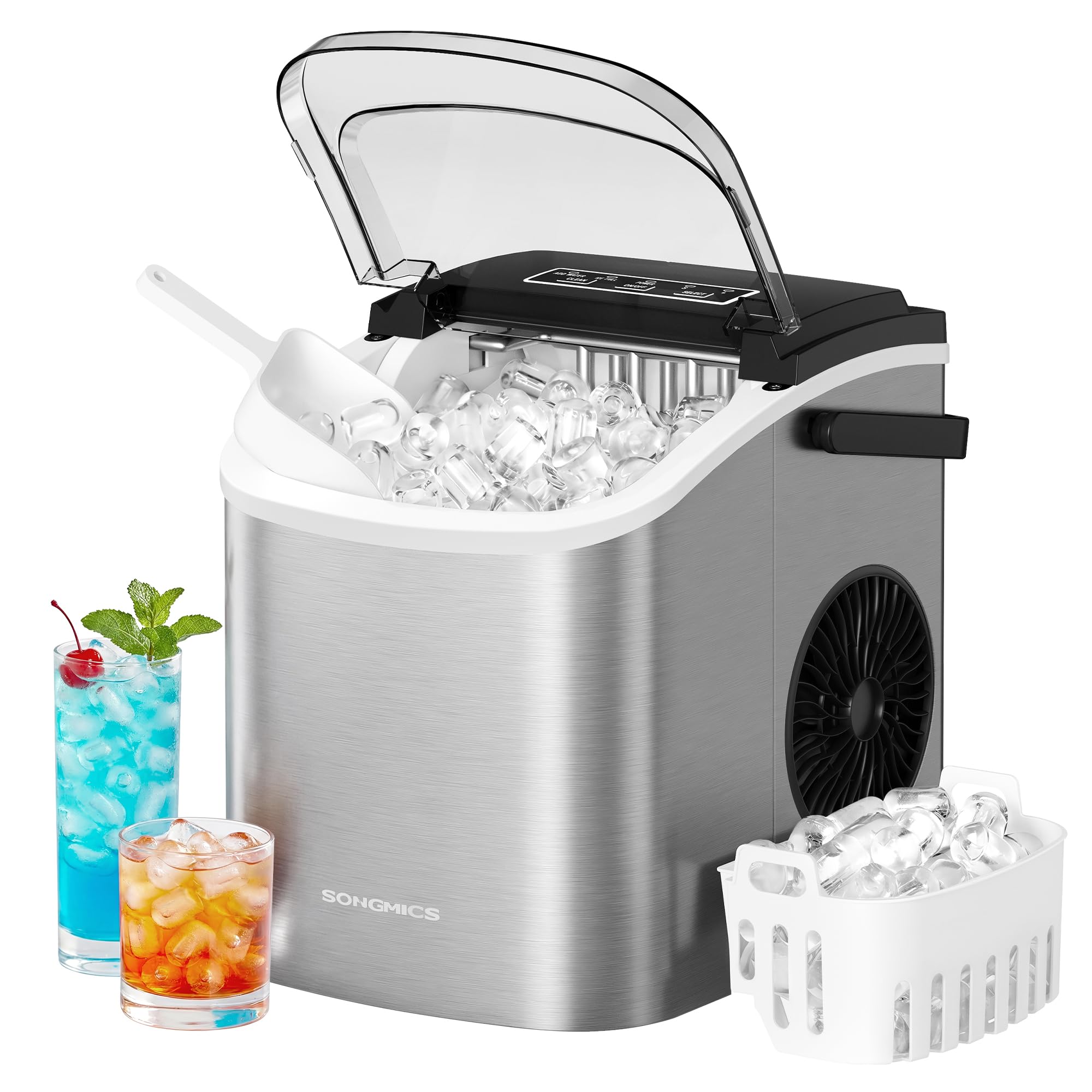 SONGMICS Eiswürfelmaschine, Eiswürfelbereiter, Eismaschine mit Selbstreinigung, in 6 Minuten 9 Würfel in 2 Größen, 12 kg in 24 Stunden, tragbar, Küche, WG, Party, Camping, Silbergrau XZB001E1EU - 1